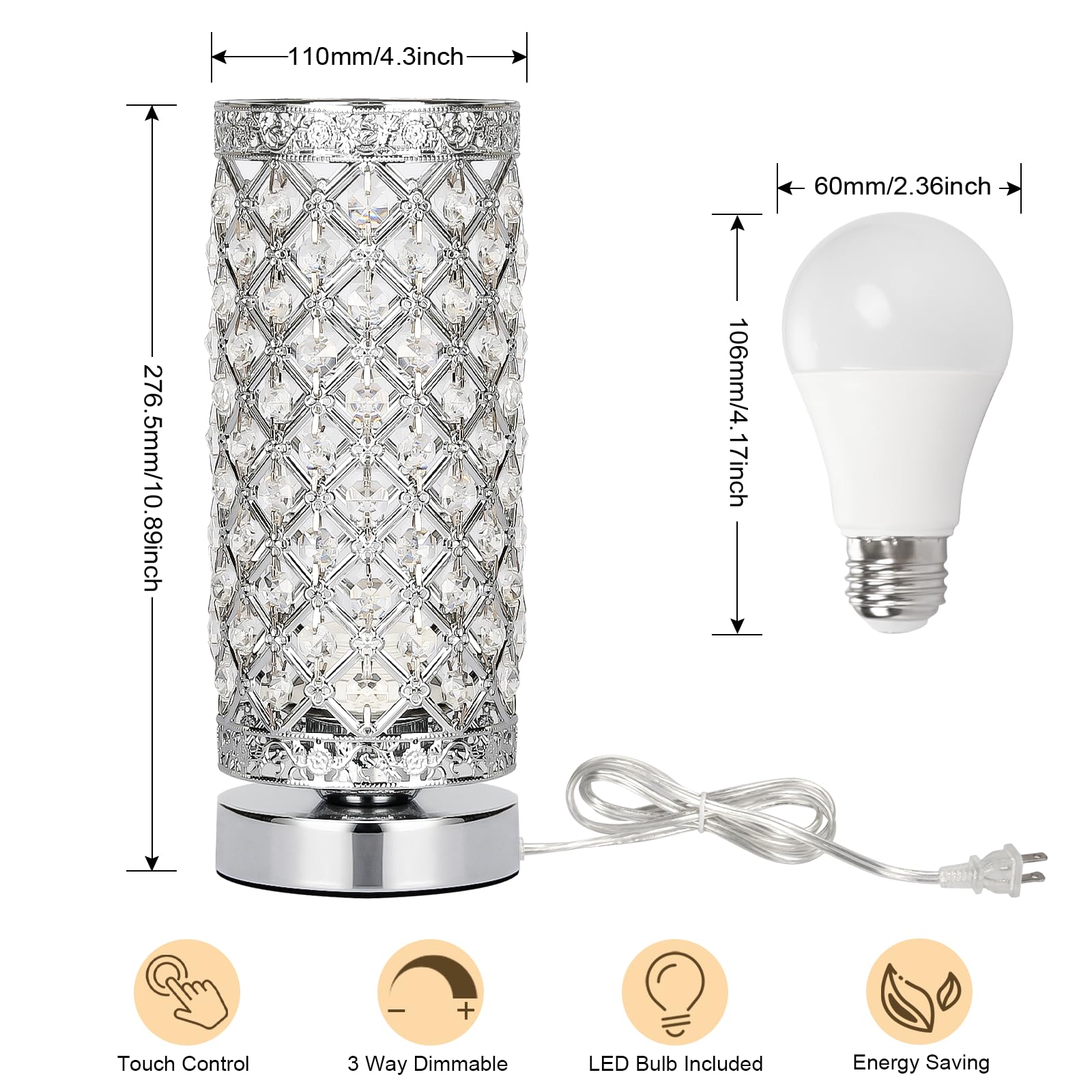 Seaside Village Touch Control Dimmable Table Lamp, Silver Metal Accent Light, Modern Design for Living Room, Bedroom, Kitchen - Model 32143