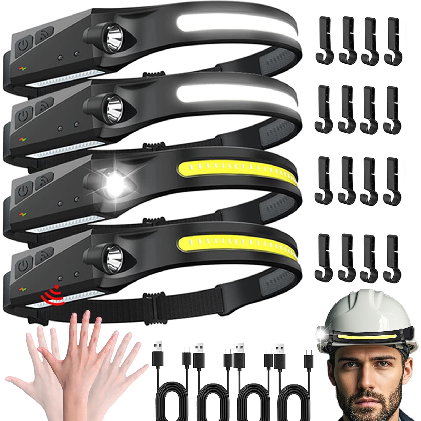 Headlamp Rechargeable For Hard Hat 4 Packs, 230 Wide Beam Head Lamps Led Rechargeable Headlamps For Adults, Forehead Headlight W