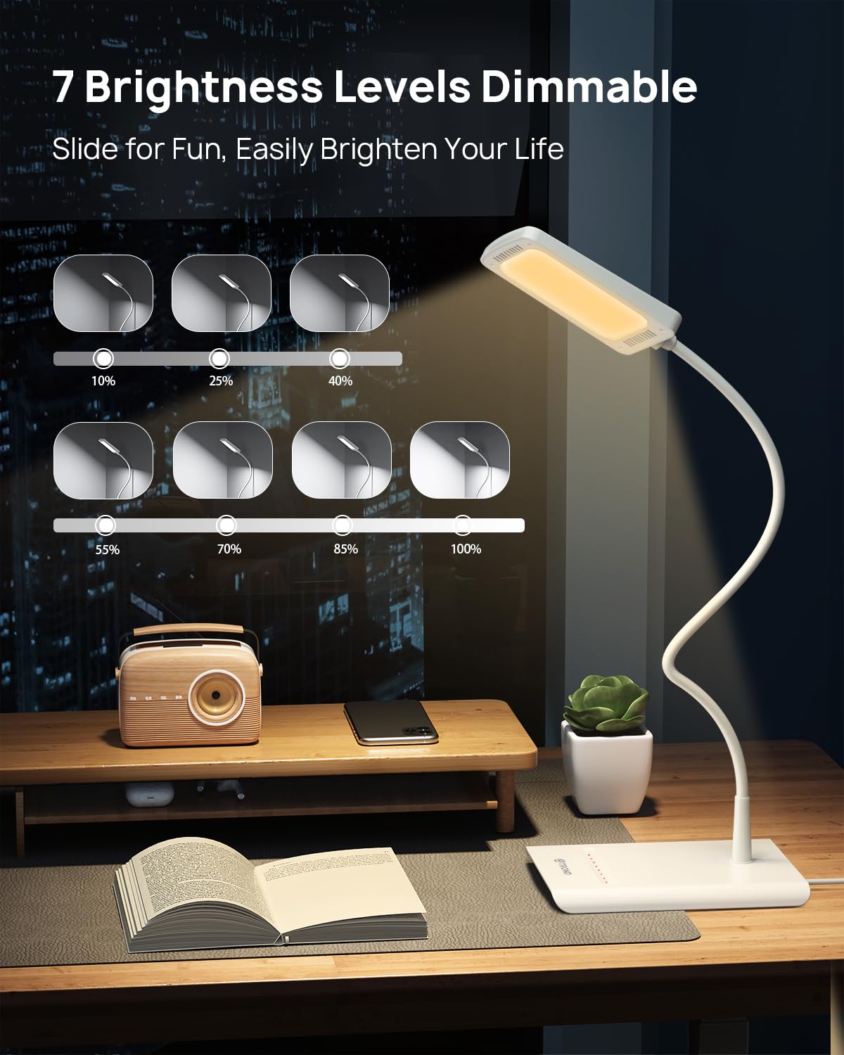 Trond Desk Lamp, Bright Dimmable Eye-Caring Table Lamp, 3 Color Modes 7 Brightness Levels, Flexible Gooseneck, Touch Control, Me