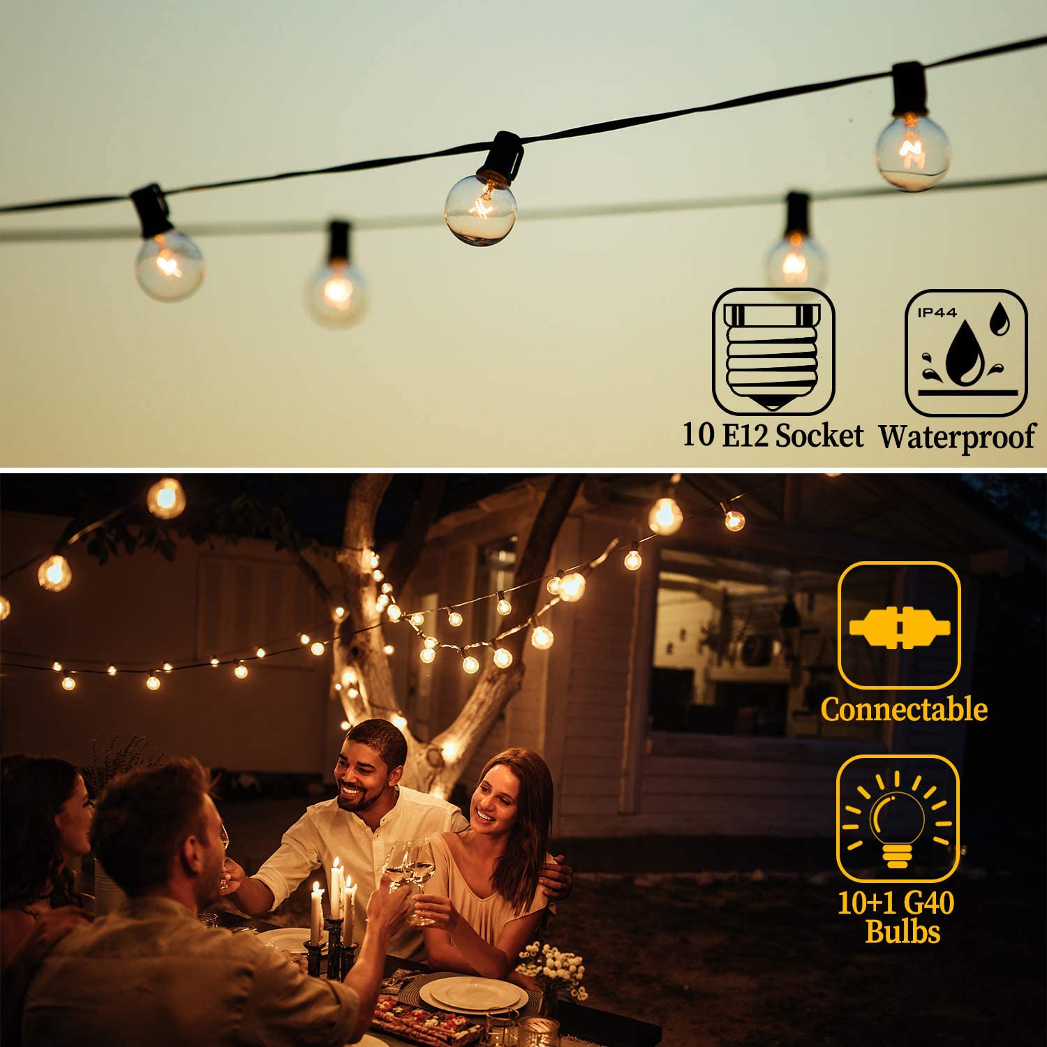 Festival Depot 10Ft Warm White Patio String Lights With 10 Waterproof G40 Globe Bulbs
