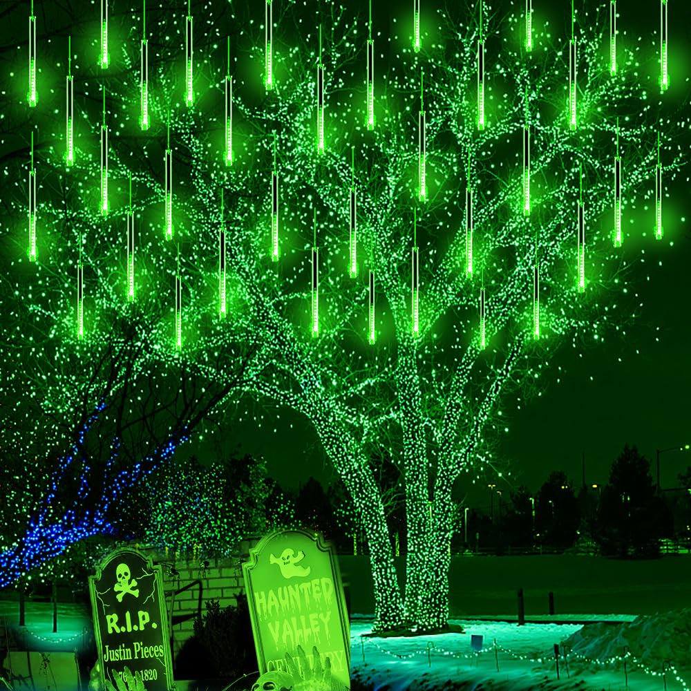 Lauzior Outdoor Christmas Decorations, 16 Inch/40cm Meteor Shower Lights for Halloween Decorations, Green Christmas Lights for Outside Tree Holiday Porch Roof Yard Garden Decor, LED Lights, UL Plug