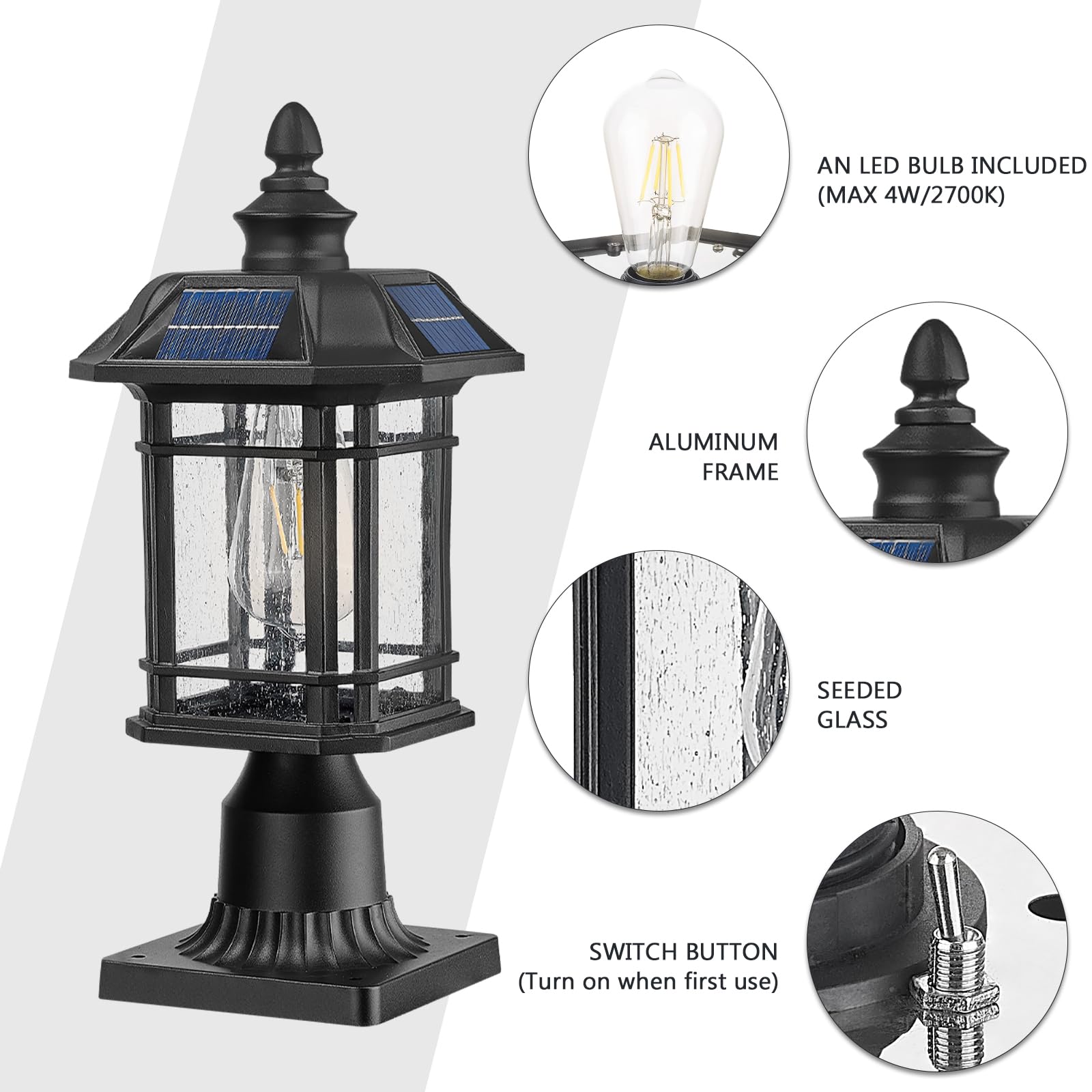 Emliviar 16 Inch Outdoor Solar Post Light with Remote Control, Black Finish, Seeded Glass Shade, Model A2202110P1-SL BK