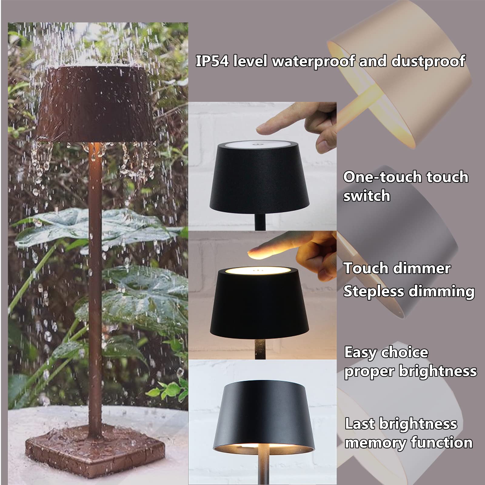 Amhshkou Rechargeable Led Cordless Table Lamps, Aluminum, Dimmable,Suitable For Indoor And Outdoor Lighting Grey