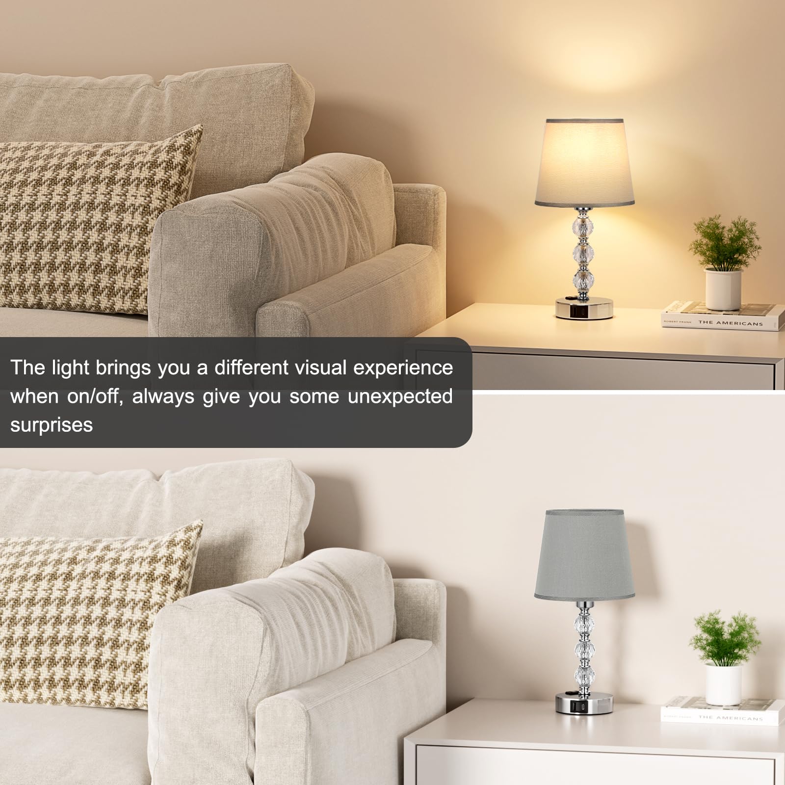 Acaxin Lamps For Bedrooms Set Of 2 Nightstand- Crystal Table Lamps With Usb C+A Ports & Ac Outlet For Charging, 3 Way Dimmable T
