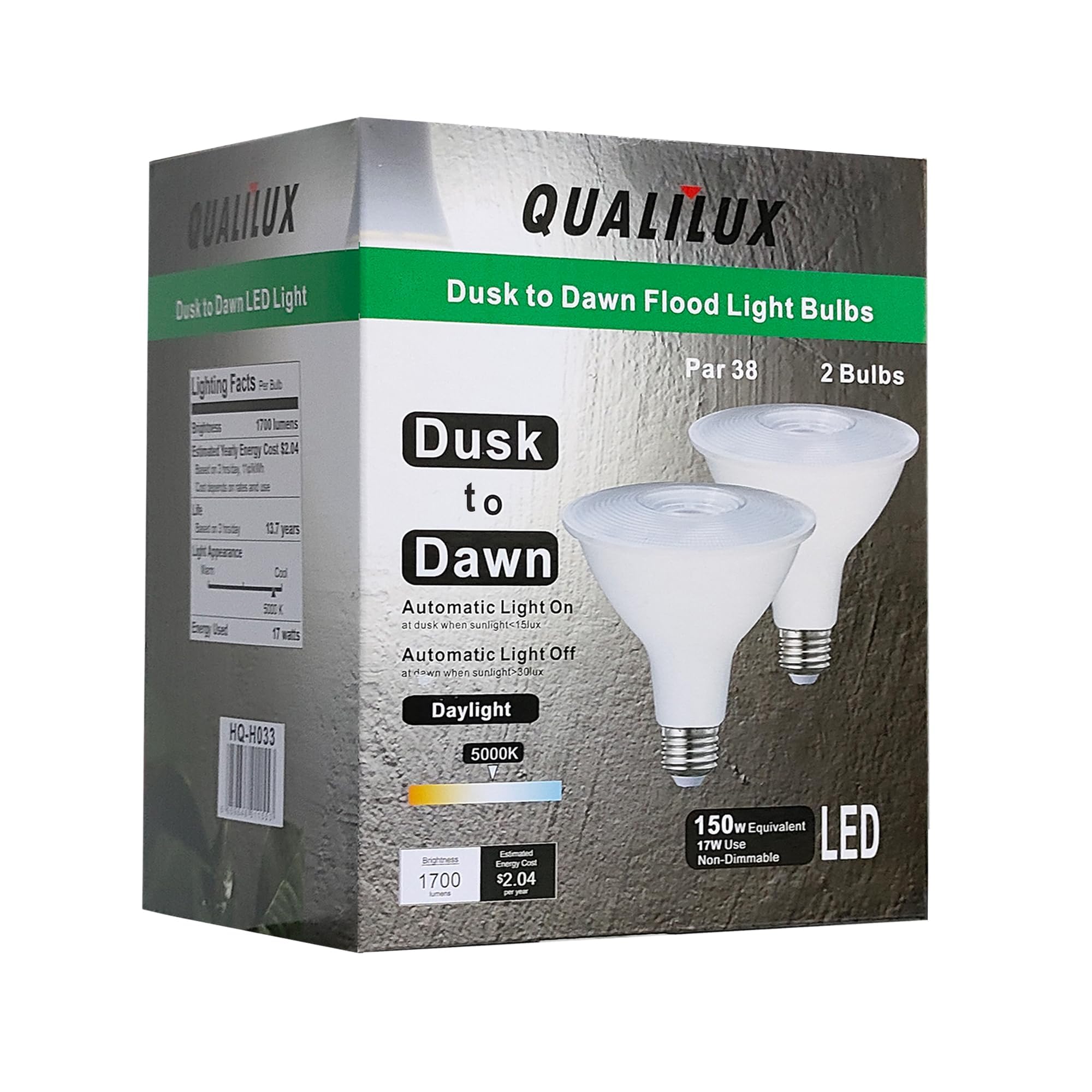 Qualilux Dusk To Dawn Par38 Led Light Bulbs, Daylight 5000K, 150W Equivalent, 1700Lm, Auto On/Off Light Sensor Bulb, E26, 17W 2 