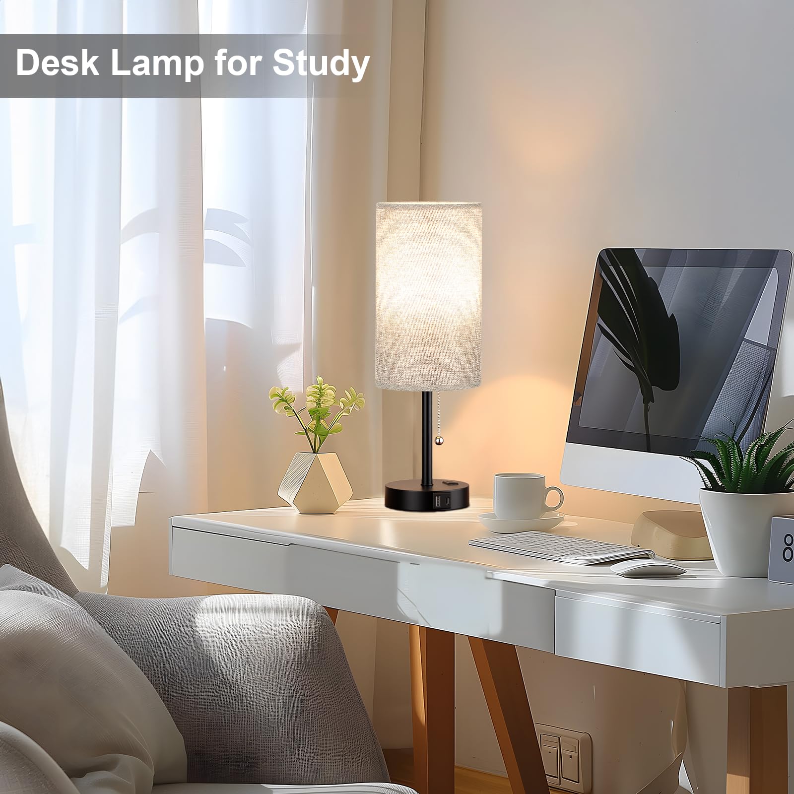 17.4Inches Grey Bedside Lamp For Bedroom Nightstand - Tall Table Lamp With Usb A + C Charging Port & Ac Outlet, 3 Color Temperat