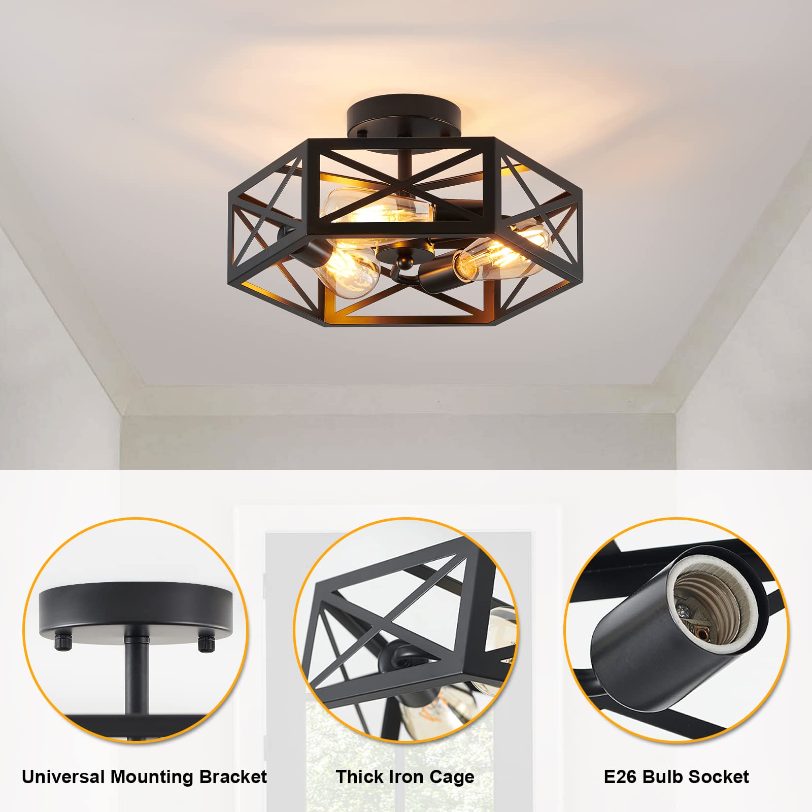 Xsdetu Black Ceiling Light, Modern Farmhouse Chandelier With Metal Hexagon Cage,Industrial Flush Mount Lamp For Kitchen, Hallway, Bathroom,3 Light