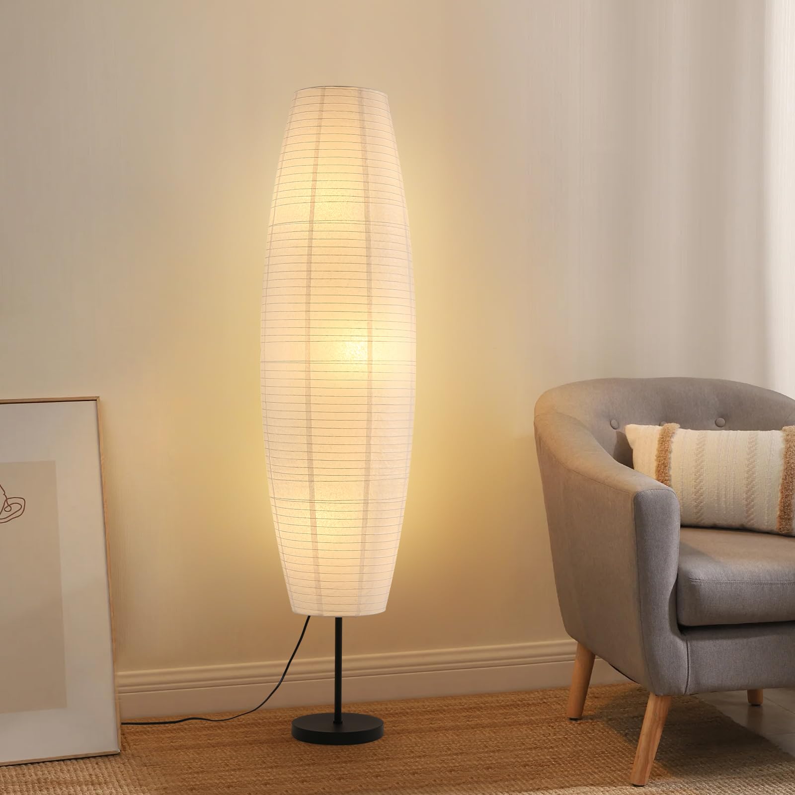 Fivemengo Paper Floor Lamp, White Rice Paper Lamp, 3-Lights, 3 Color Temperature LED Bulbs Included, 54.5in Wabi Sabi Japanese L