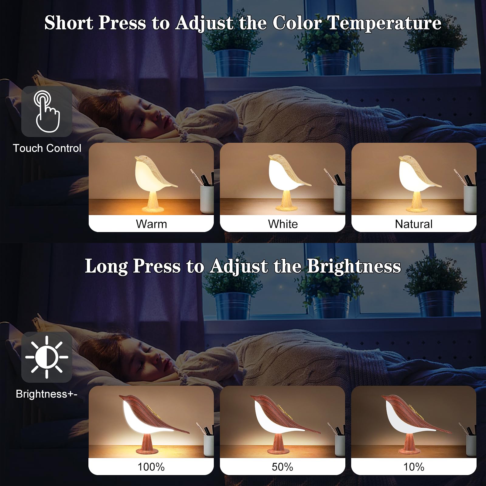GODENBA Small Cordless Bird Lamp, Touch Night Light with 3 Color Temperatures, Rechargeable, Model SD-TBL, 1Pack