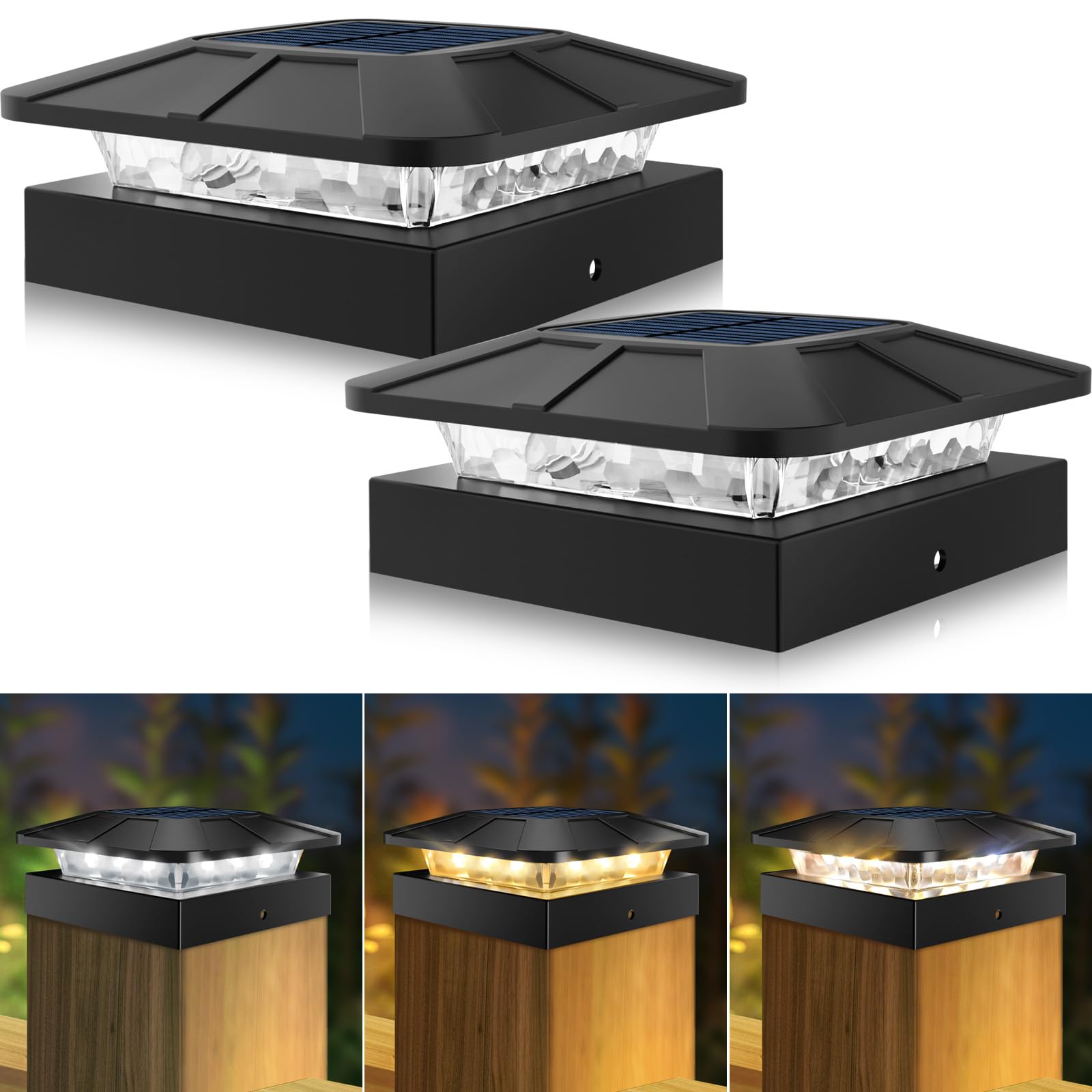 Peasur 4x4 Solar Post Cap Lights Outdoor with 3 Lighting Modes, 2 Packs LED Post Light Solar Powered Waterproof, Fence Deck Ligh