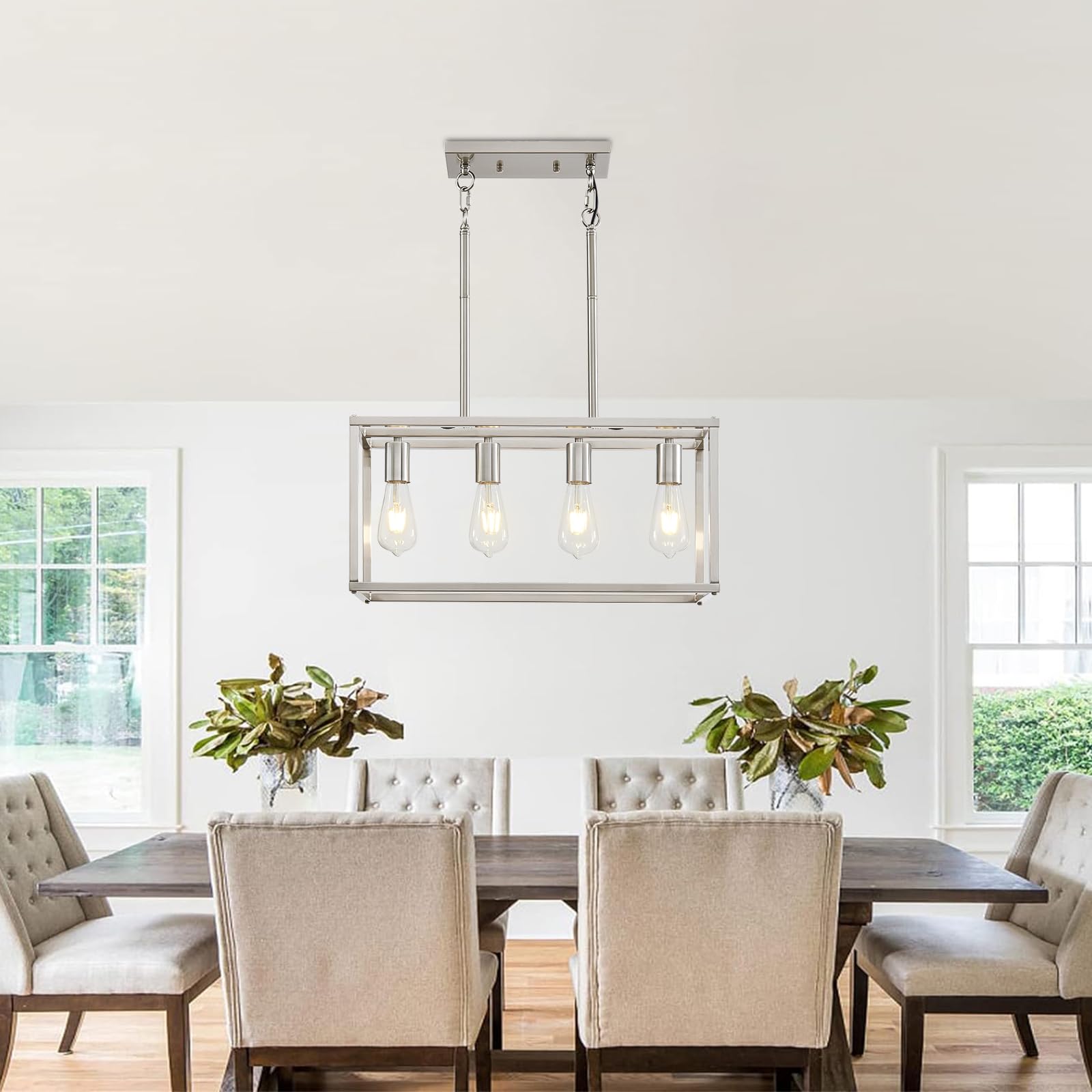 Lanhall 4-Light Farmhouse Chandelier, Brushed Nickel Metal, Adjustable Height, Rectangular Design