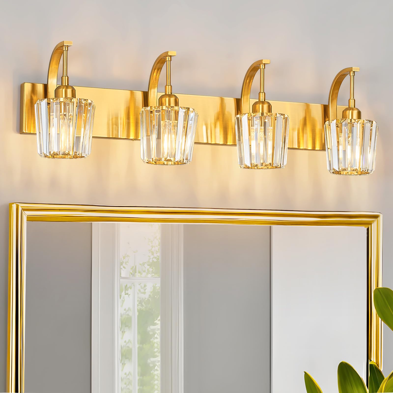 Fdpby Modern Bathroom Vanity Light  4-Light Gold Wall Sconce With Crystal Accents  Over Mirror Bathroom Lighting Fixture  32.67 Long Dimmable Vanity Lamp For Makeup  Easy Installation