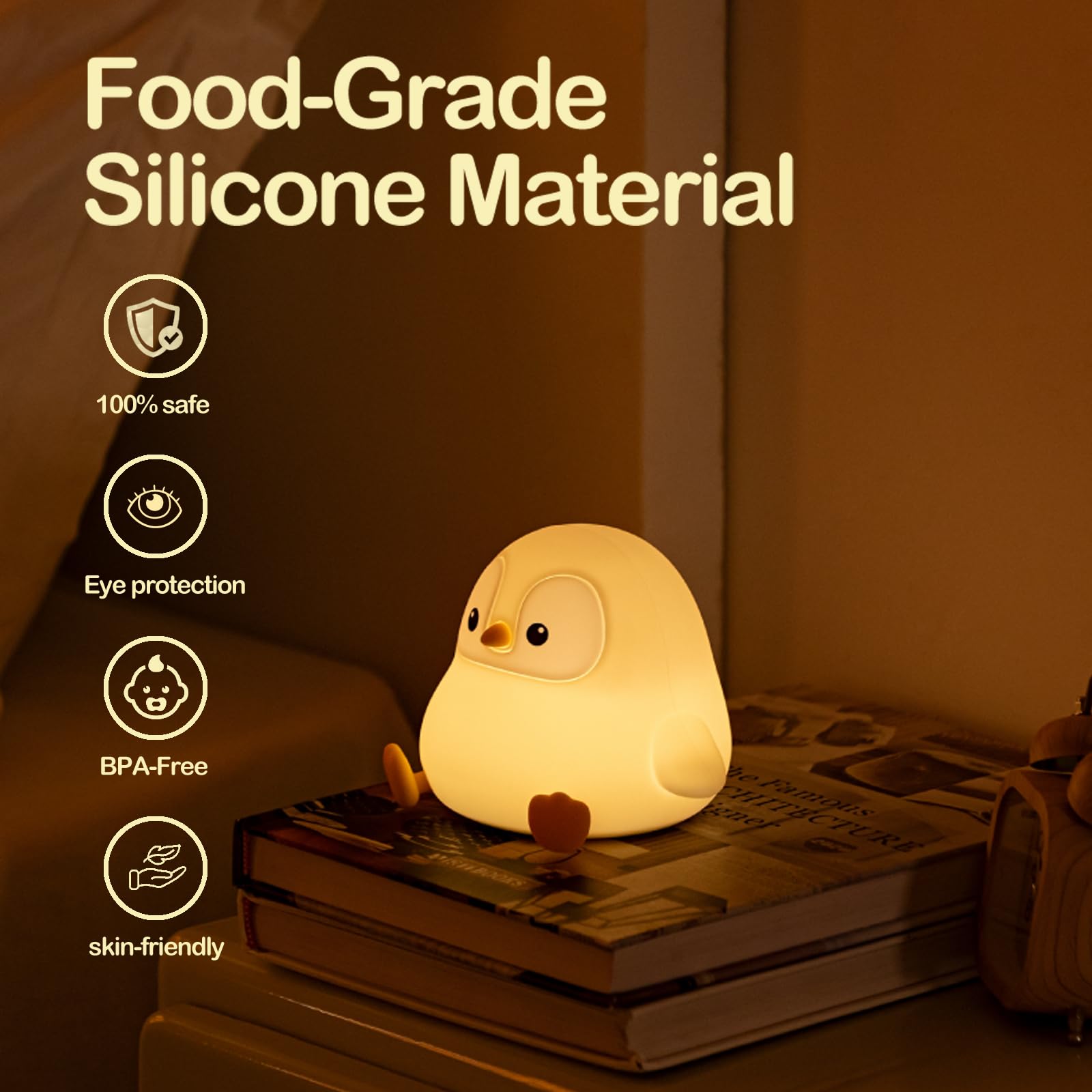 ATSUI Penguin Night Light, LED Dimmable Desk Lamp, Small, Gray, Model DS-PG-02, Silicone, Nursery Decor, Funny Gift for Kids