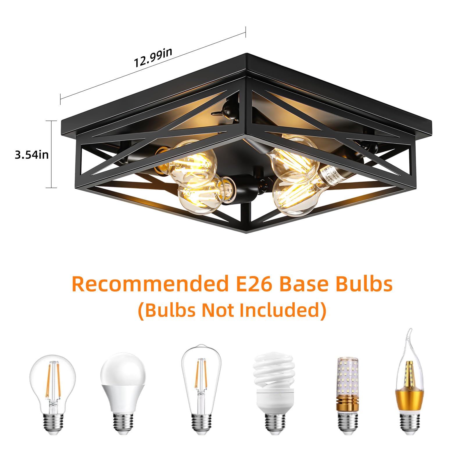 2 Pack Flush Mount Ceiling Light Fixture, Black Hallway Light, Metal Cage Closed To Ceiling Mounted Lights, 4-Light Farmhouse Fl