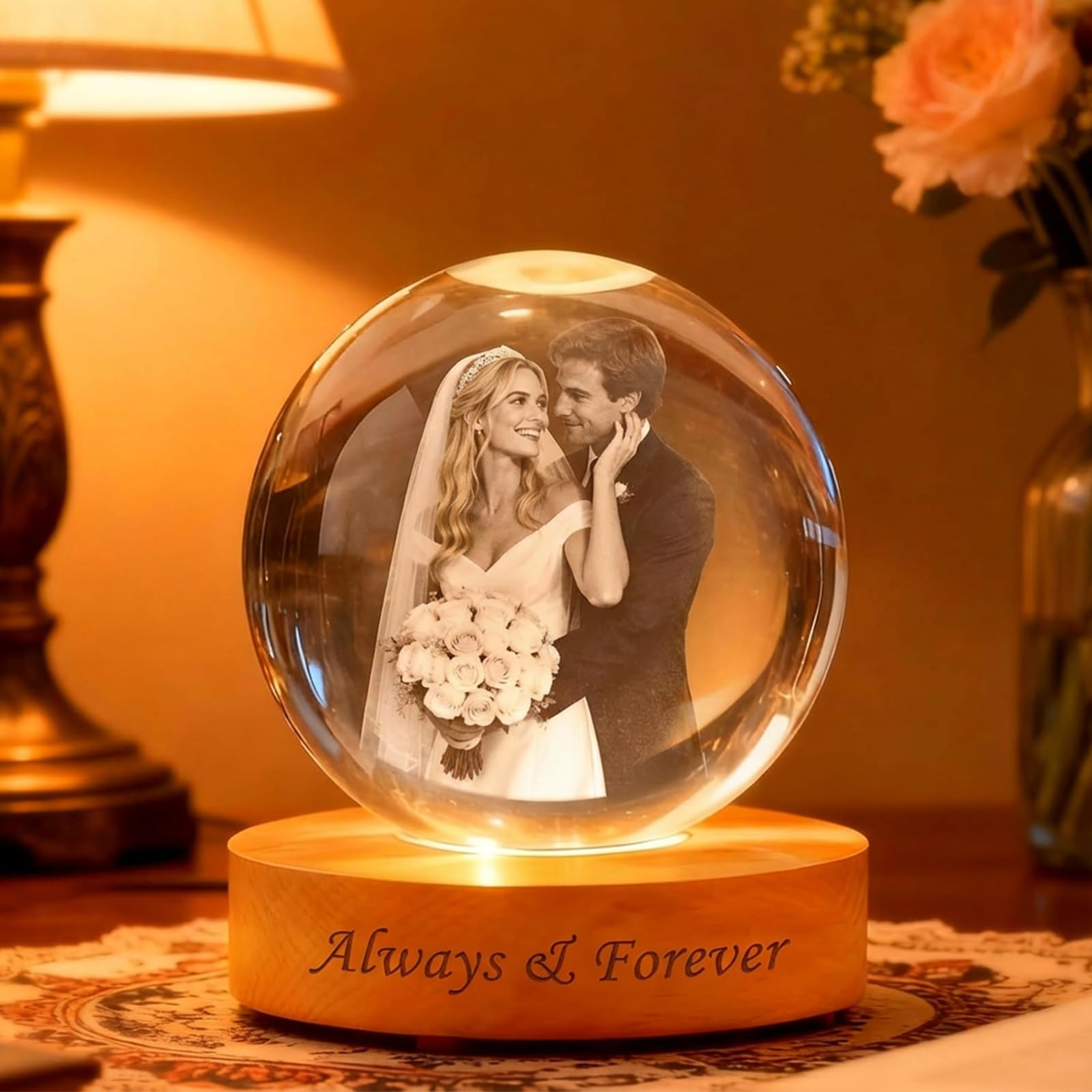Personalized 3D Crystal Photo Ball Lamp, Custom Photo Gift for Valentines Day, Laser Engraved Crystal Globe with Wooden Base for