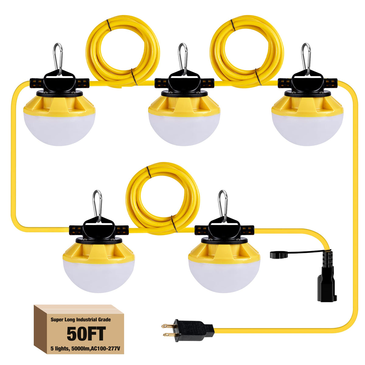 G Gjia 50Ft Ip65 Waterproof Led String Lights - Linkable Construction Lighting With 5 Bulbs, Yellow