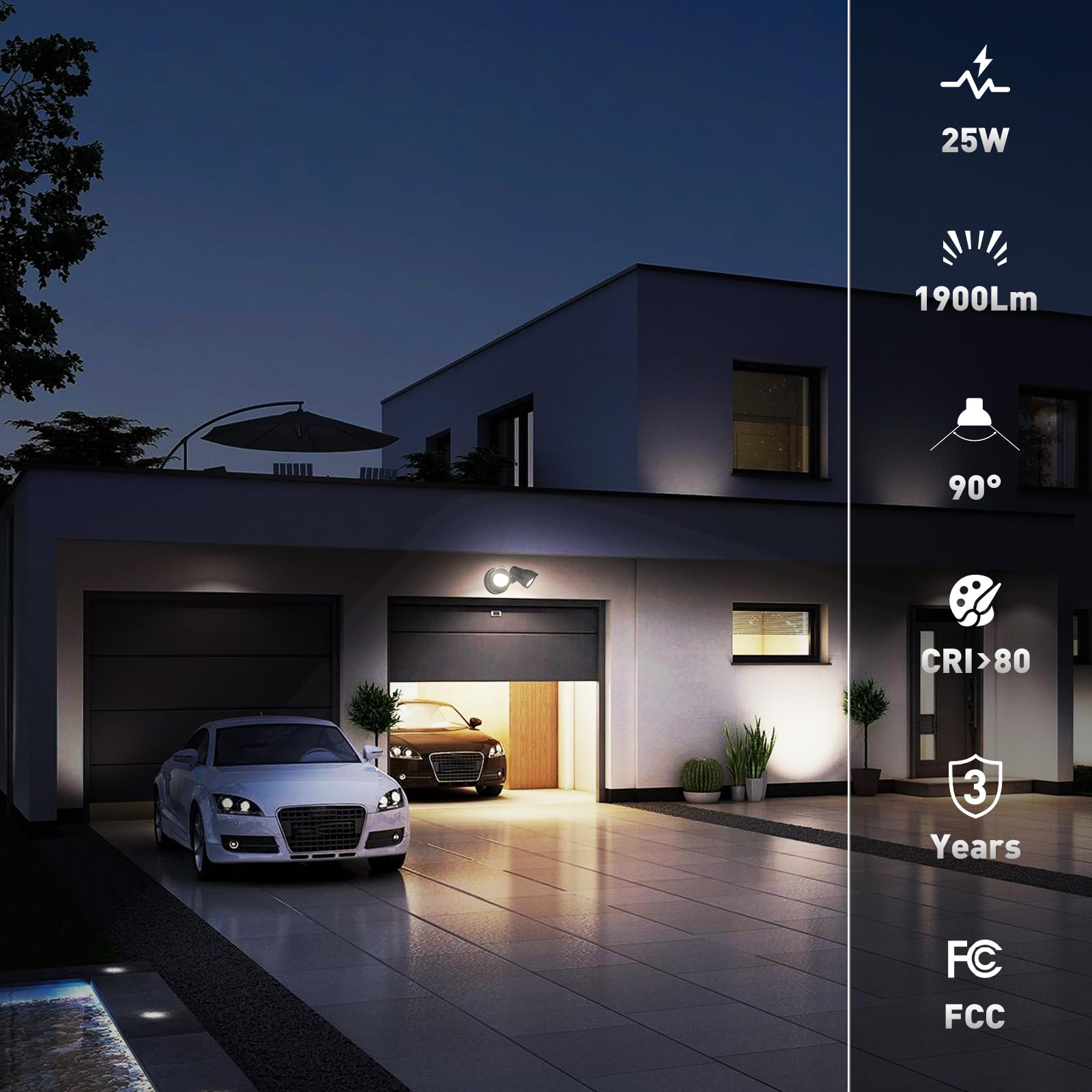 Alusso Lighting 25W Led Dusk To Dawn Security Lights, 1900Lm Ip65 Waterproof Exterior Flood Lights, 3000K/4000K/6000K Selectable, 2 Adjustable Heads Outdoor Lights For Yard, Garage, Porch (Black)