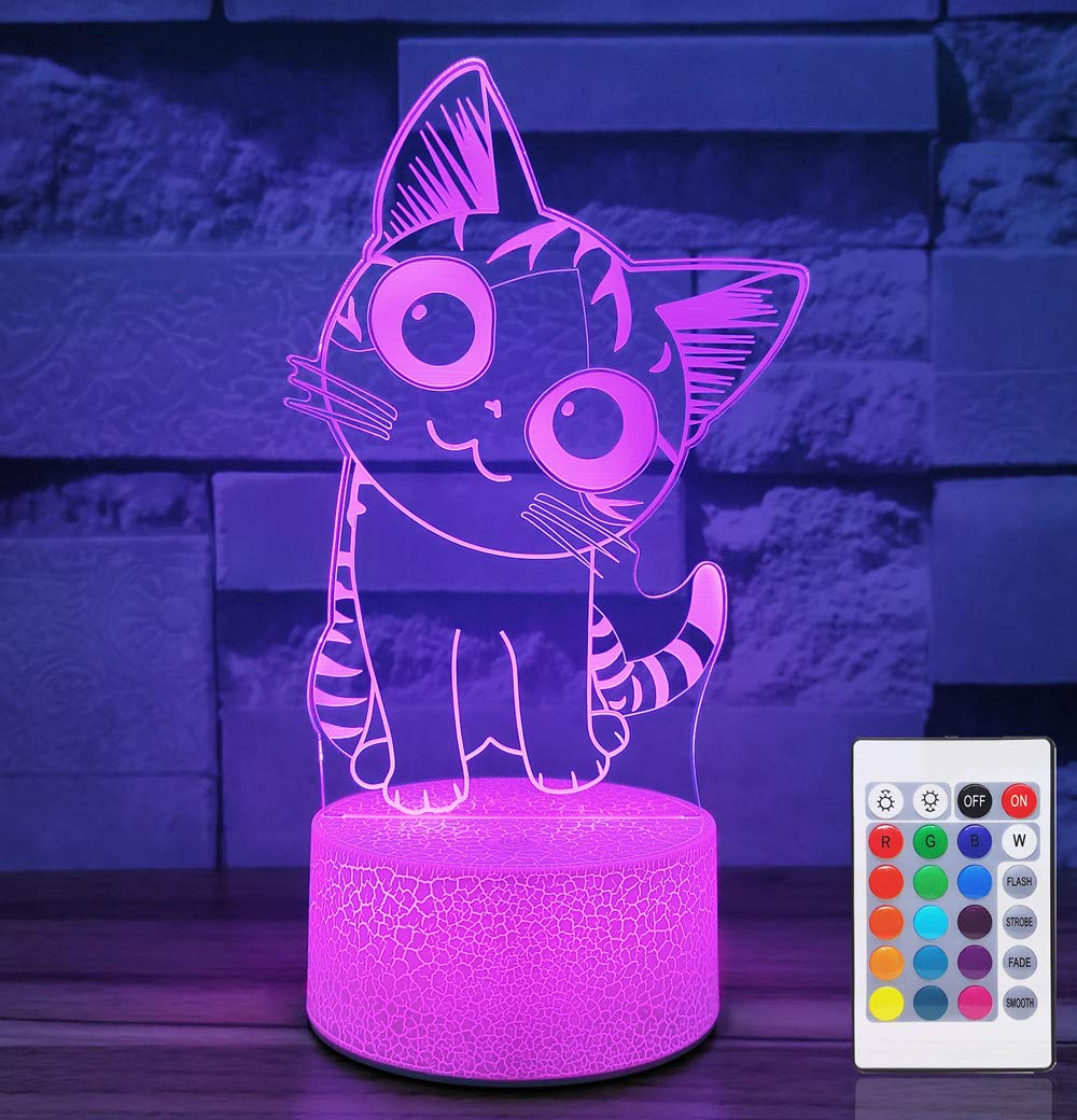 i-CHONY Cat Night Light for Girls,3D Optical Illusion Lamp 16 Colors Dimmable Led Light with Remote & Luminous Base,Cat Gifts fo