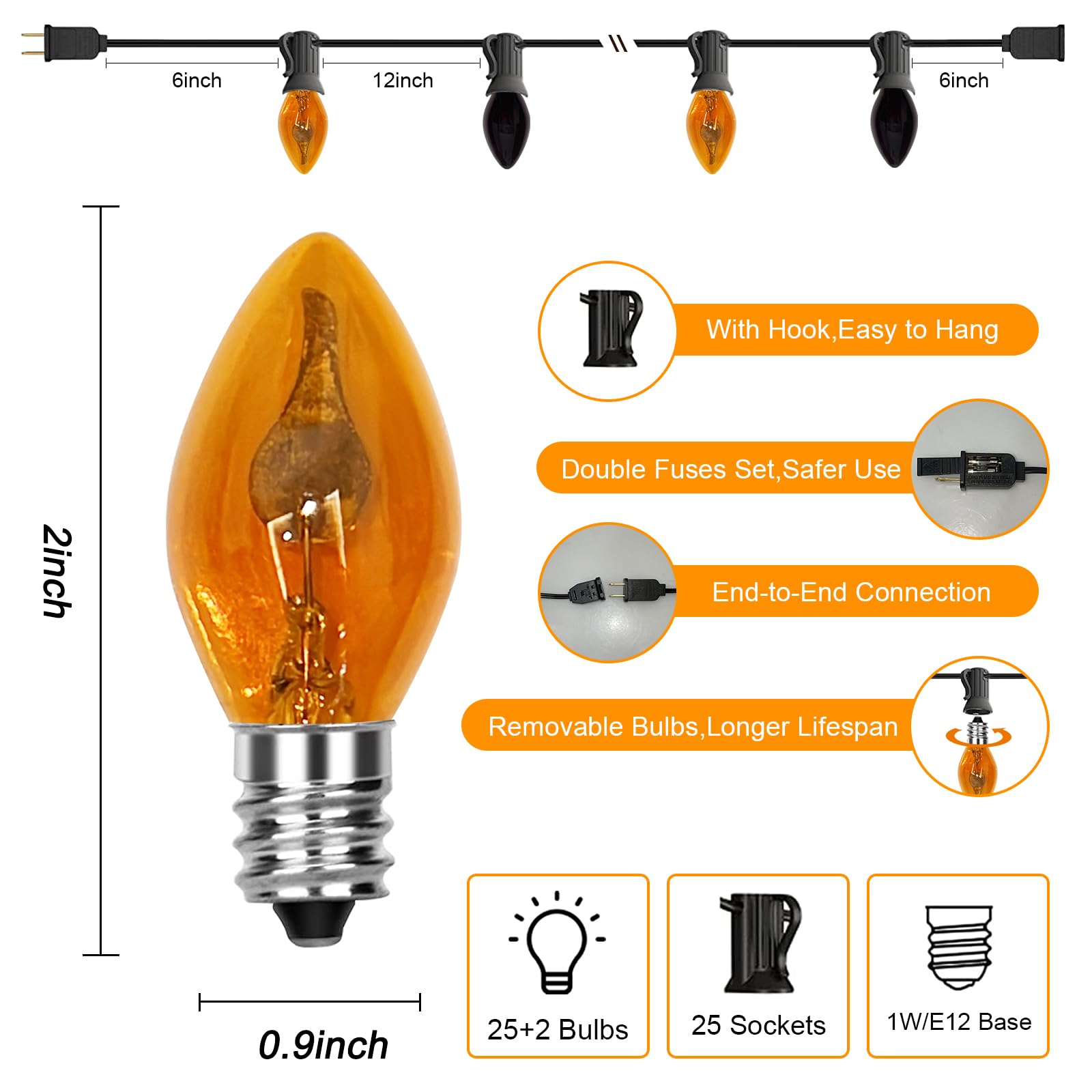 Doratale Halloween C7 String Lights, 25FT, Waterproof, 27 Flame Bulbs, Orange/Purple Flame, Ideal for Outdoor Party Decor