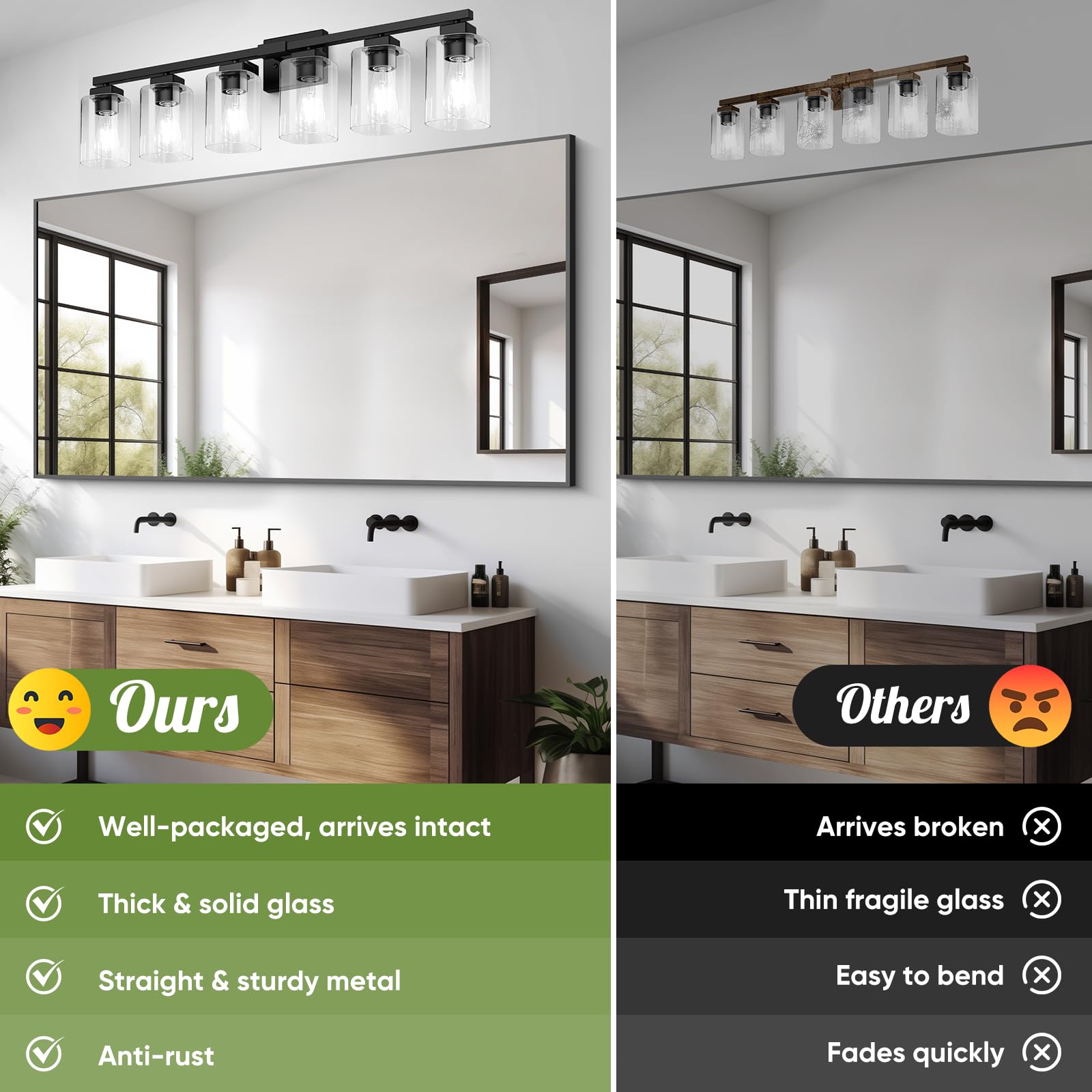 Beslowe 6-Light Bathroom Light Fixtures, Modern Black Vanity Light, Bathroom Lighting Fixtures Over Mirror, Matte Black Bathroom