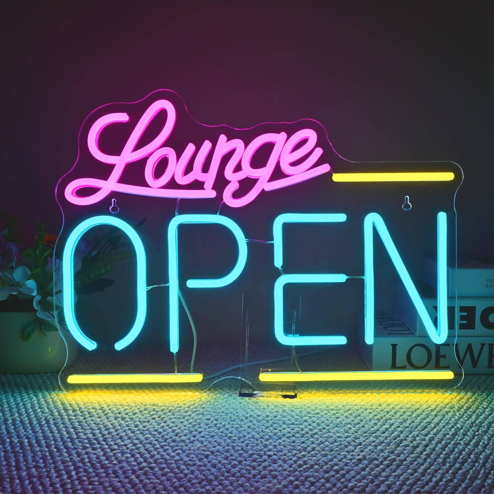 Wanxing Lounge Open Neon Sign, Bright LED Light, Dimmable, USB Powered, 16.5in  x 12.2in , Colorful Acrylic