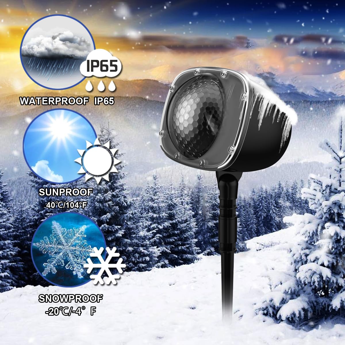 FLEVO Christmas Snowfall Projector Lights, Waterproof LED, Dynamic Snow Effect, Indoor/Outdoor, Black, Model BL-DP-MXX