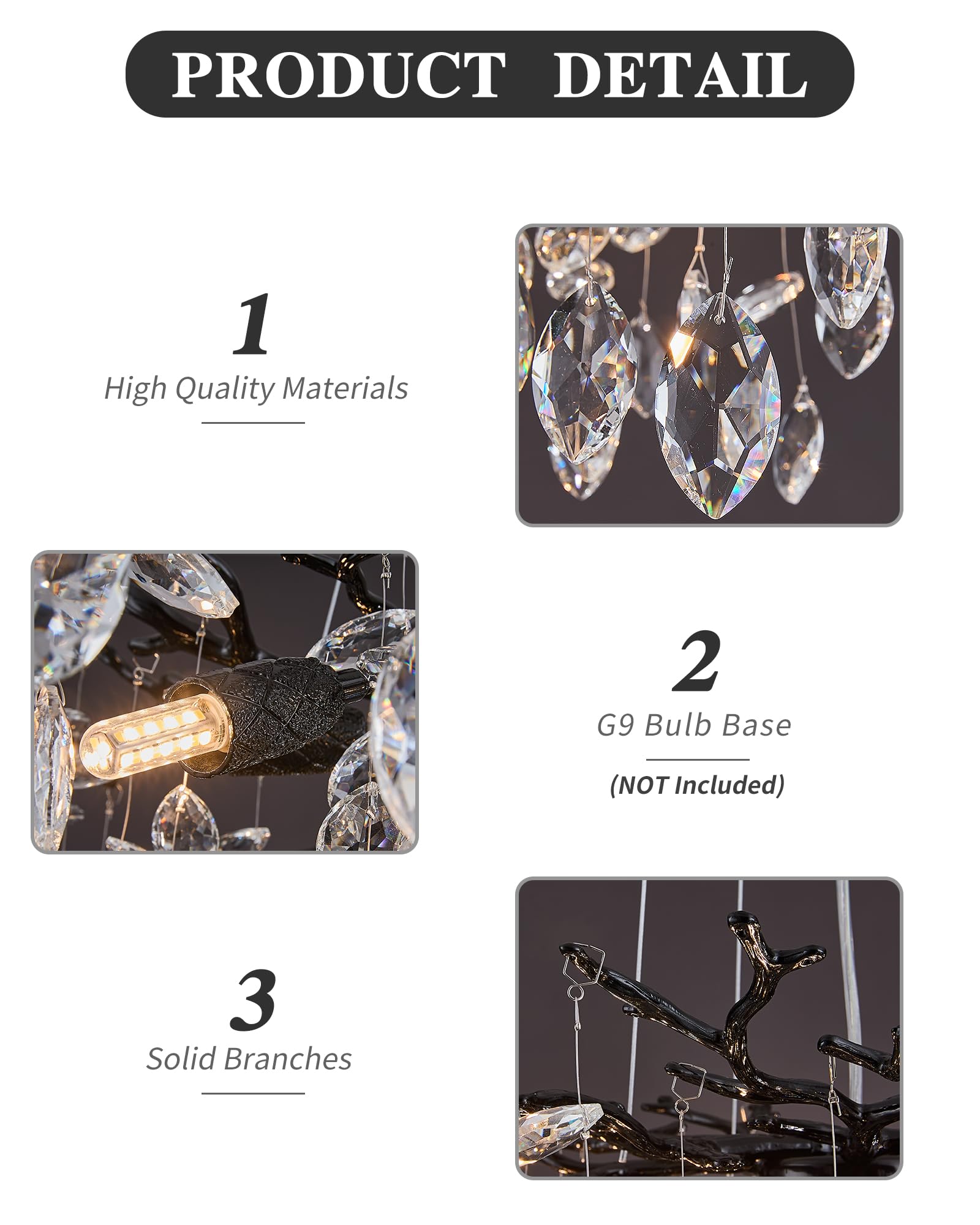 Modern Tree Branch Crystal Chandelier Luxury Blacl Crystal Pendant Lighting 23.6'' Contemporary 8-Light Chandeliers For Dining R