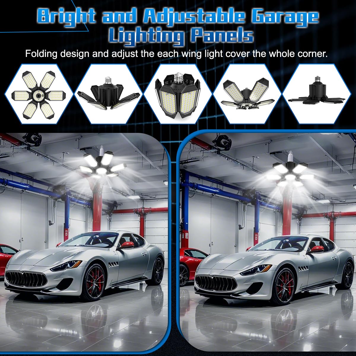 POLARPRA Garage Light - 15000LM LED Bulb, 150W Equivalent, 6 Deformable Panels, E26 Socket, Black, Model JP-QMP-B00001