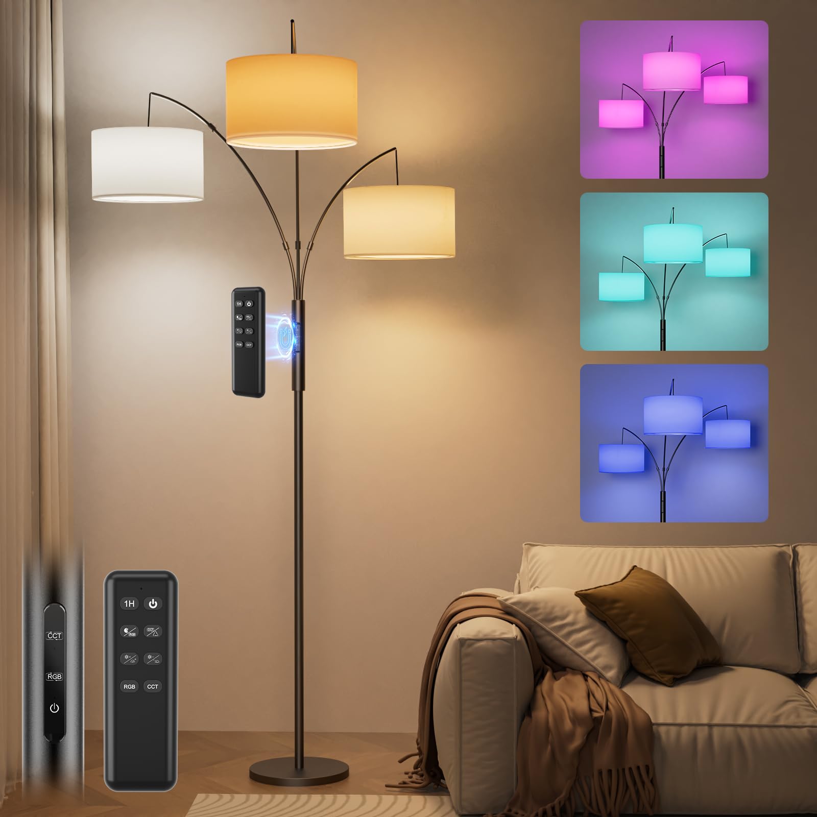 SIBRILLE 36W RGB Arc Floor Lamp with 3 White Fabric Shades, 3000LM Super Bright Standing Lamp with Remote Control & Touch, Stepl