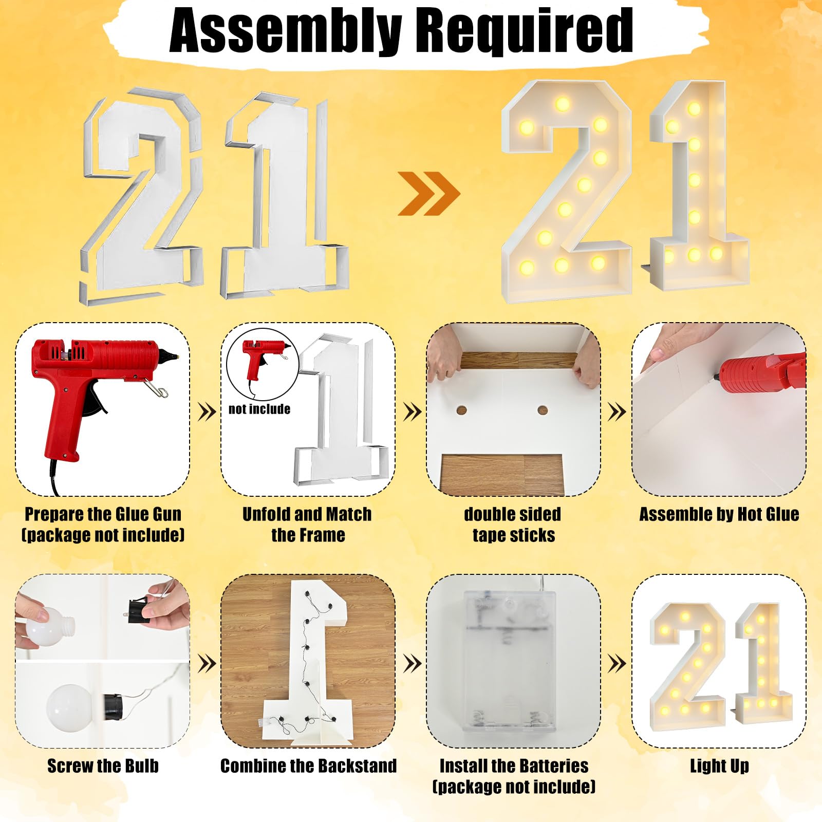 Paeyeq Light Up Numbers 21 Large Marquee Sign, White, Plastic, Model Light-Num21-white, Birthday Party Decor