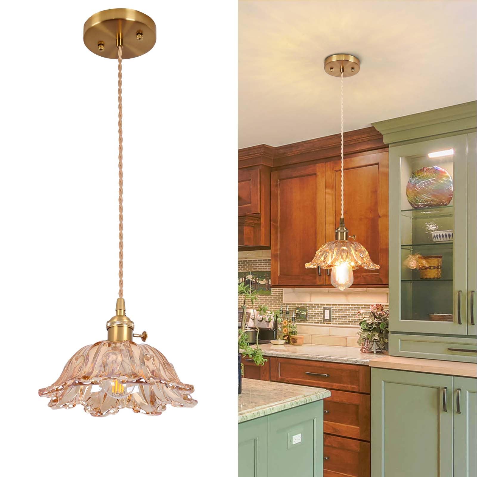 Loiogohot Glass Pendant Light Vintage Light Fixtures,Amber Pendant Lights Kitchen Island,8.7'' Glass Pendant Lights Kitchen Isla