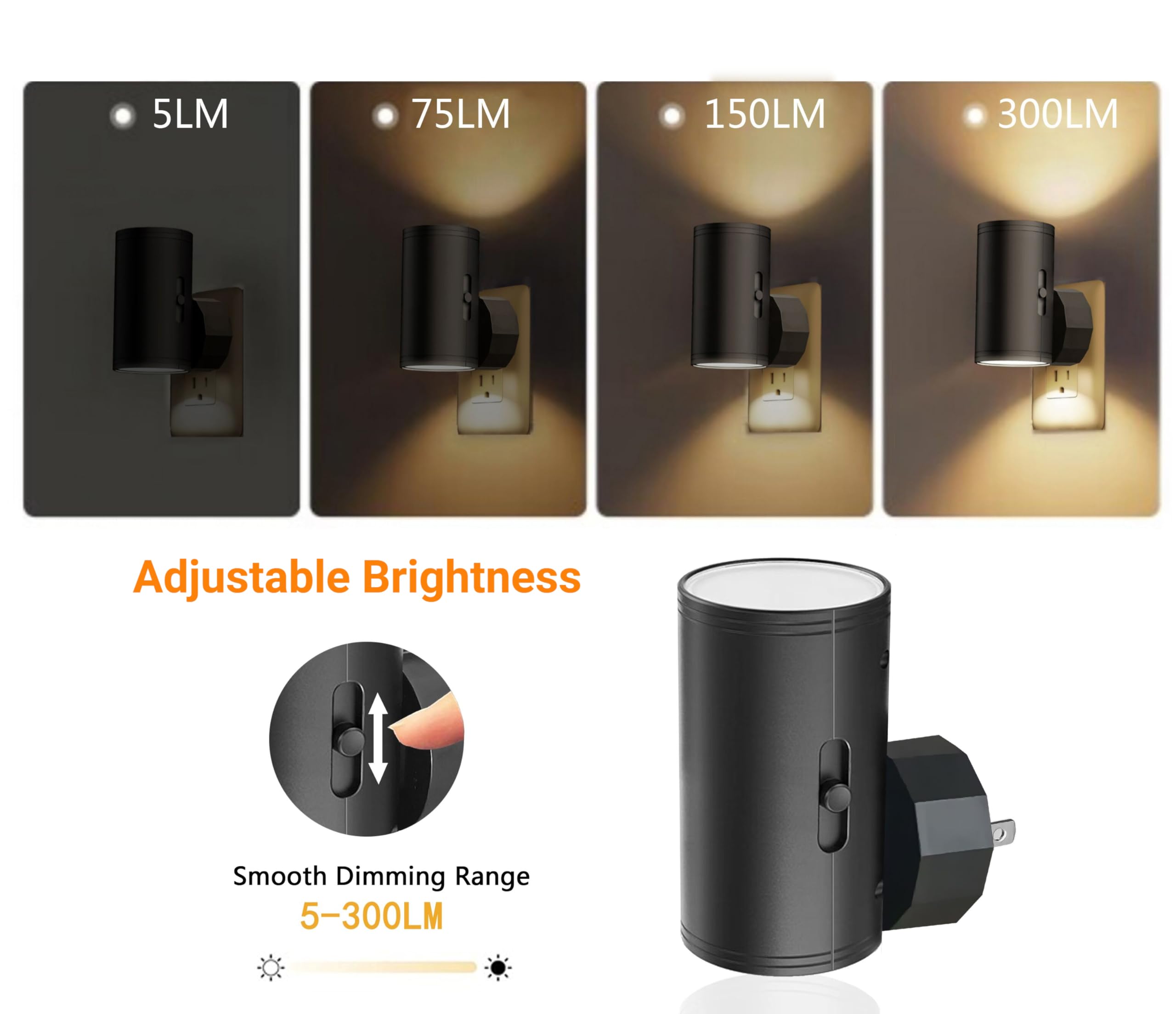 T ES LED Night Light Plug-in, Dusk to Dawn Sensor, Adjustable Brightness 5-300LM, Black, 3000K Soft White, Model TS-N4