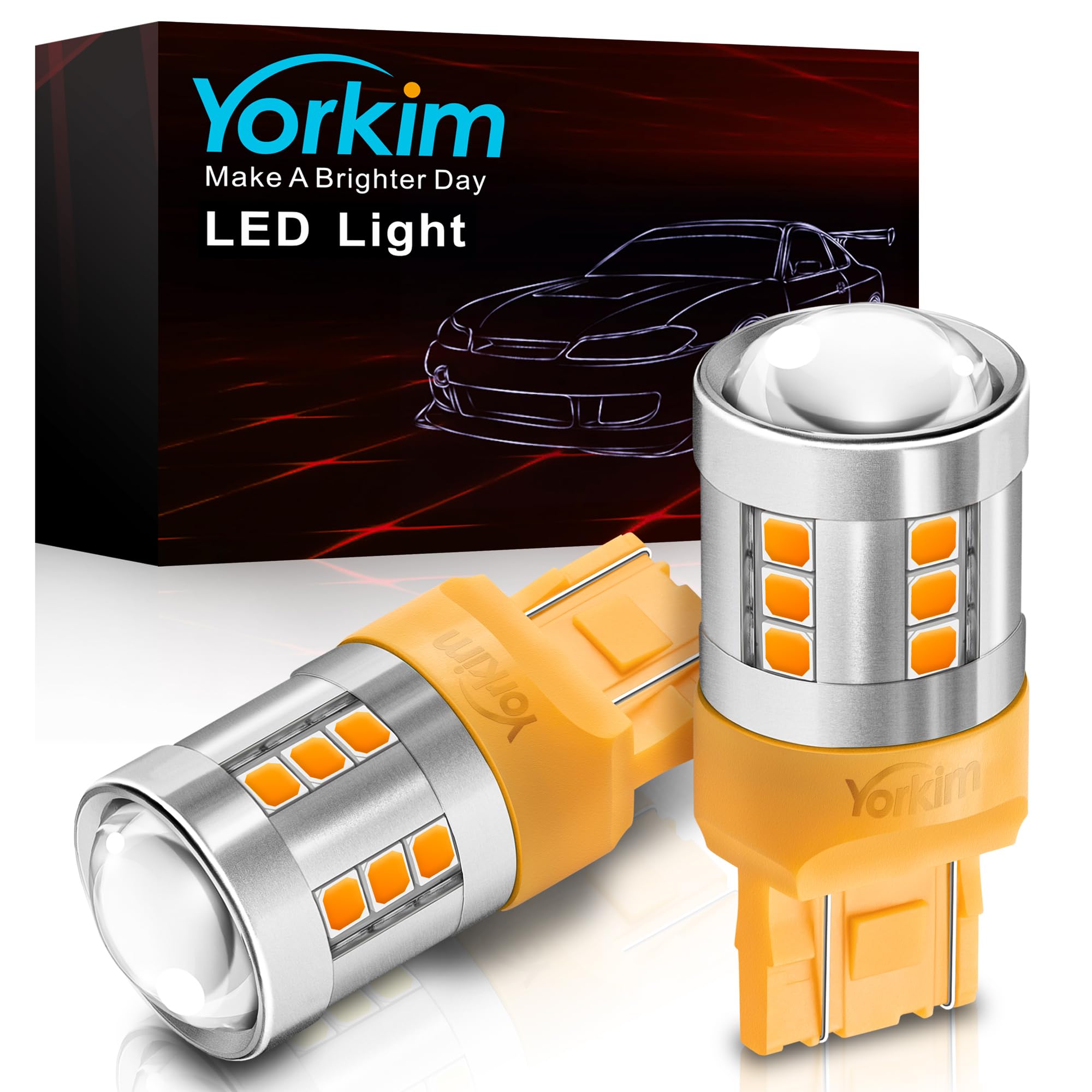 Yorkim 7443 LED Bulb Amber, High Bright 7440 Replacement Lamp for Turn Signal Lights, Pack of 2, Aluminum, Model 7440-3159