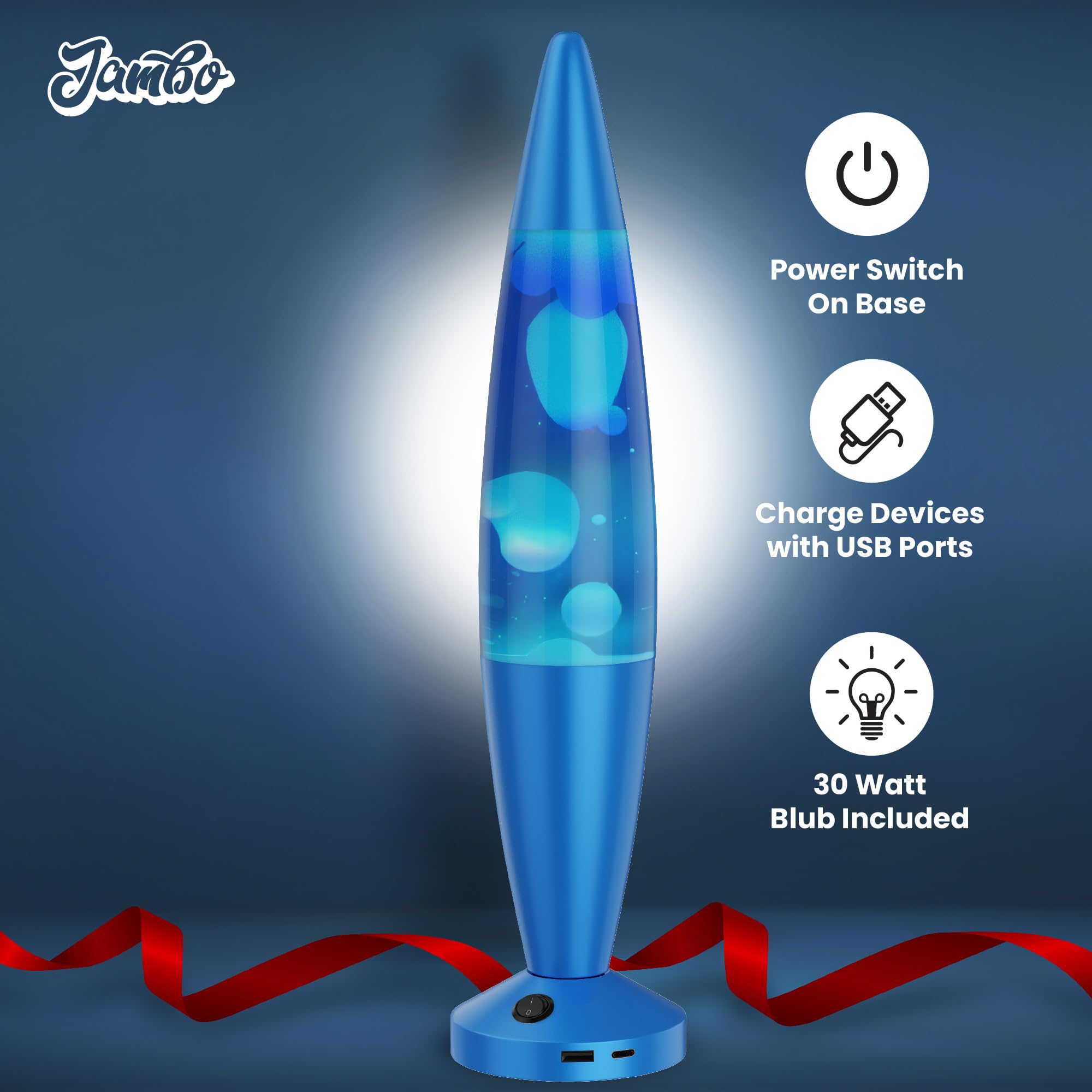 JAMBO Liquid Lamp with USB Ports, 16in Motion Light, Blue Base, Blue Liquid, White Wax, Model 59000