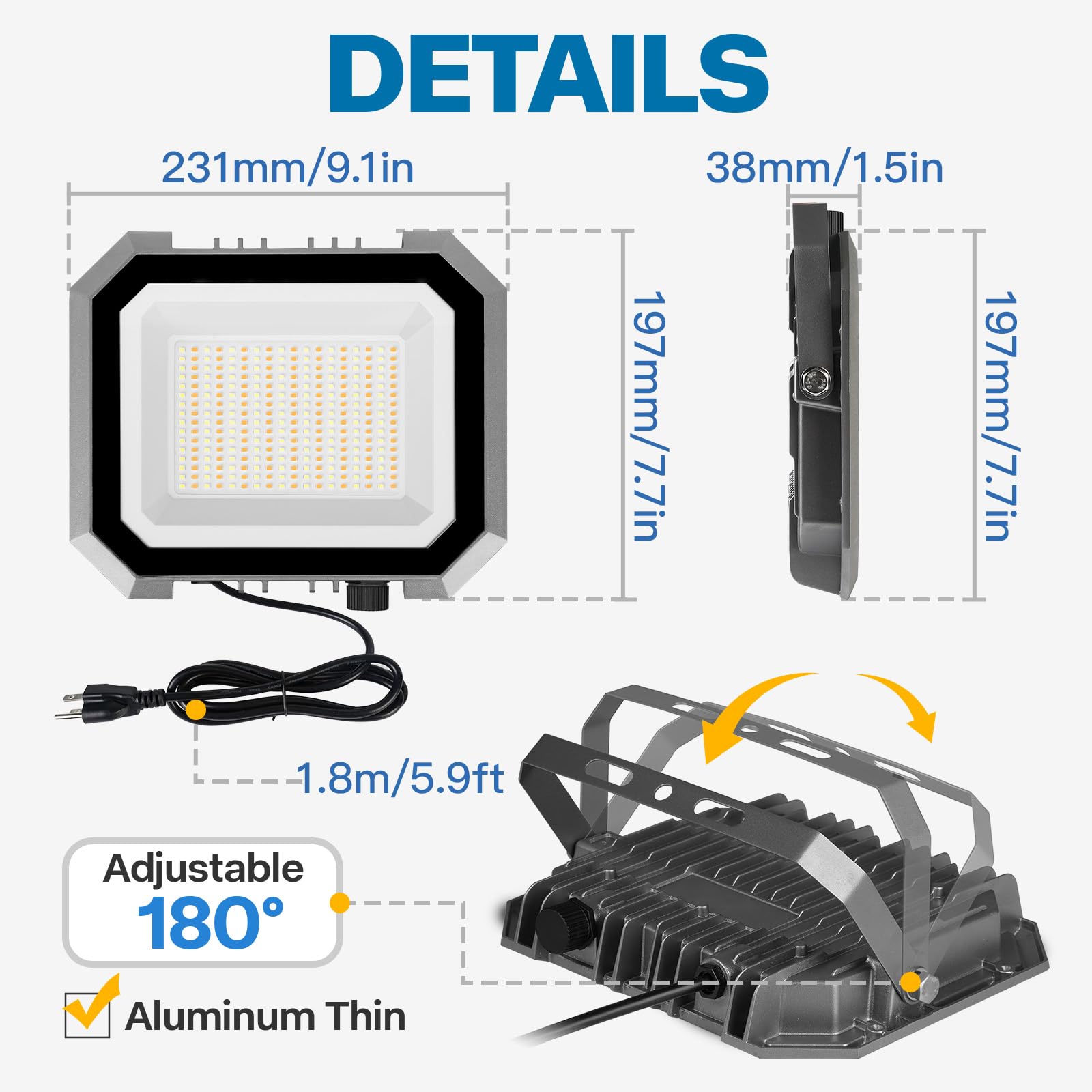 Leddictive 100W LED Flood Light, 3CCT Selectable (3000/4000/6000K), IP65 Waterproof for Garage, Yard, Garden - 10000LM