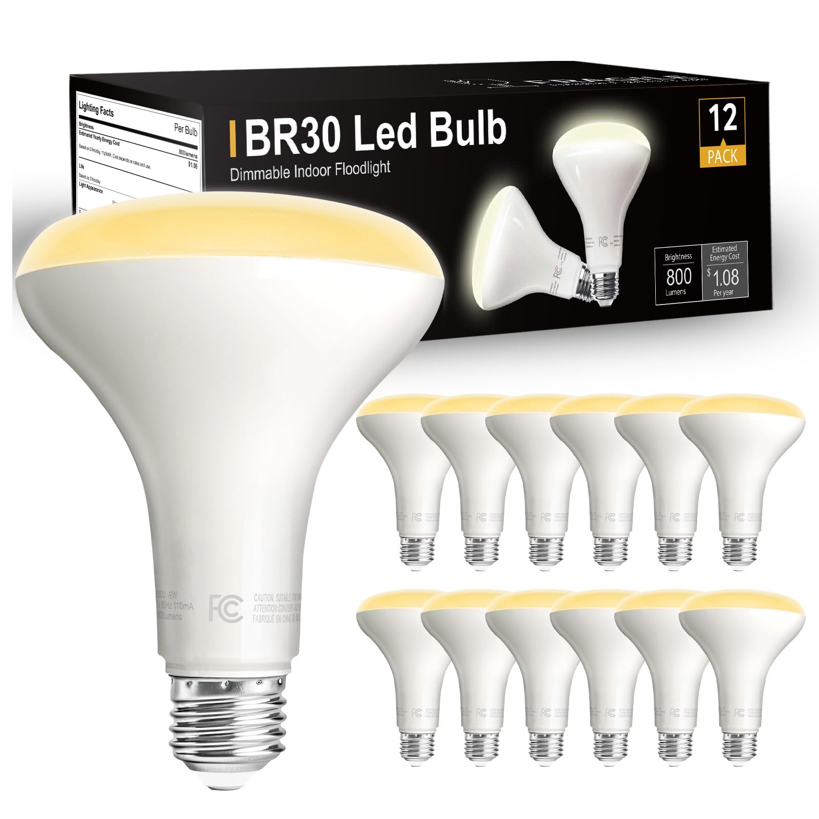 Dalattin 12 Pack Br30 Led Bulbs 65W Equivalent, Dimmable Indoor Flood Lights Bulb, E26 Base, 2700K Warm White, 9W, 800 Lm, Reces