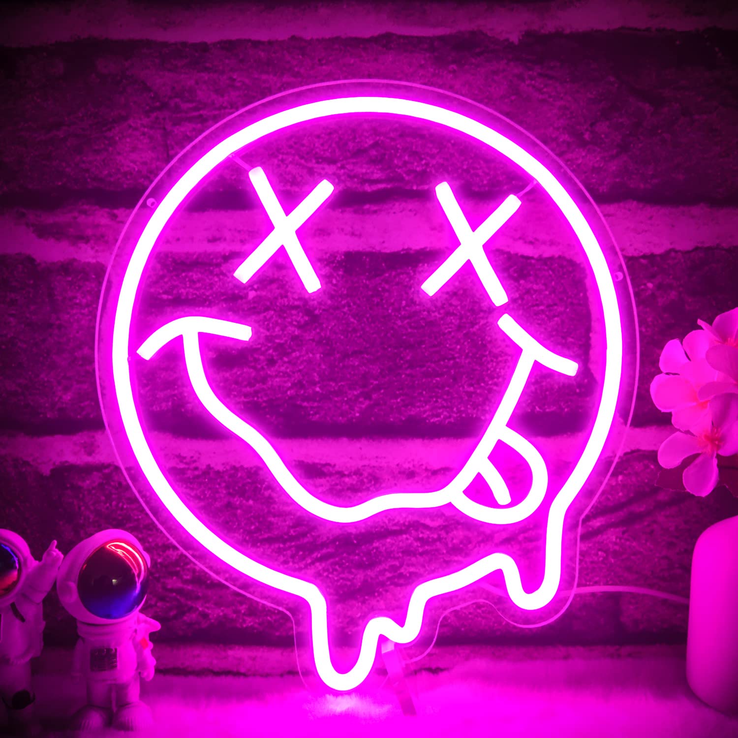 OvoNinn Neon Sign, Dimmable Melted Smile Face Light, 12.5x11 inches, Pink Acrylic Wall Decor for Bedroom and Parties