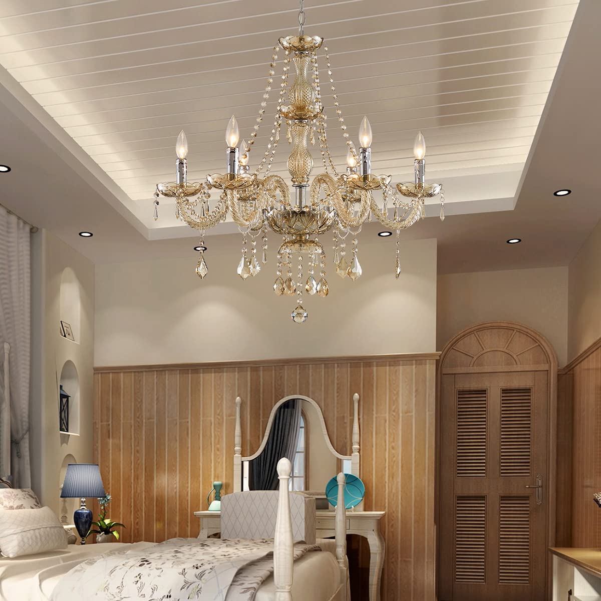 SM Saint Mossi 6-Light Modern K9 Crystal Chandelier, Champagne Ceiling Light for Dining Room, Bathroom, Bedroom, Living Room