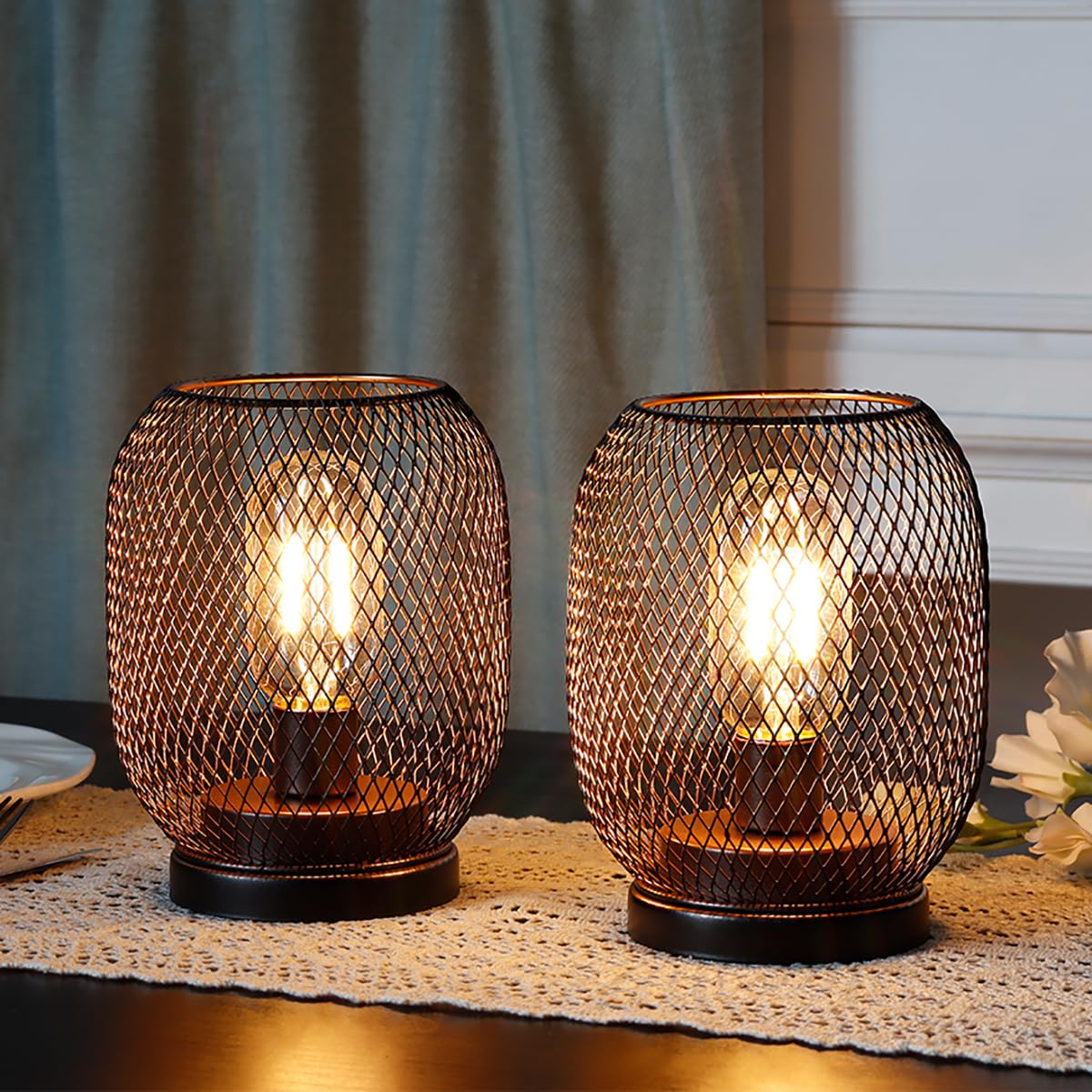 JHY DESIGN Metal Cage LED Lantern Set of 2, Battery Powered, Round Shape, Bronze, Model JHY30132S-R, Indoor/Outdoor Use