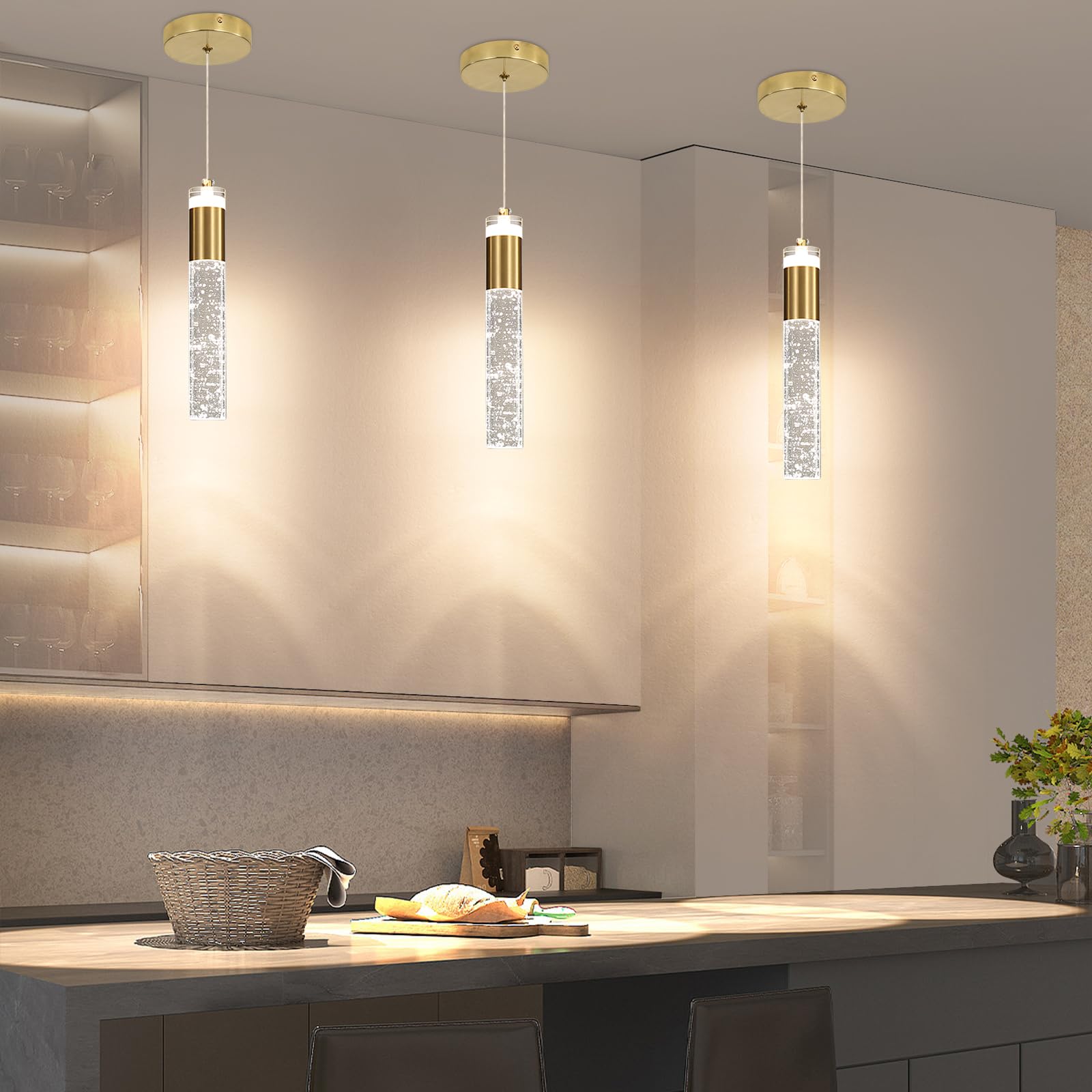 2 Pack Modern Kitchen Island Pendant Lights  Gold Bubble Crystal Ceiling Hanging Light  3 Color 2700K/4500K/6500K  Mini Linear Led Chandelier Lighting For Dining Room  Bedroom  Bar  Hallway  Bedside