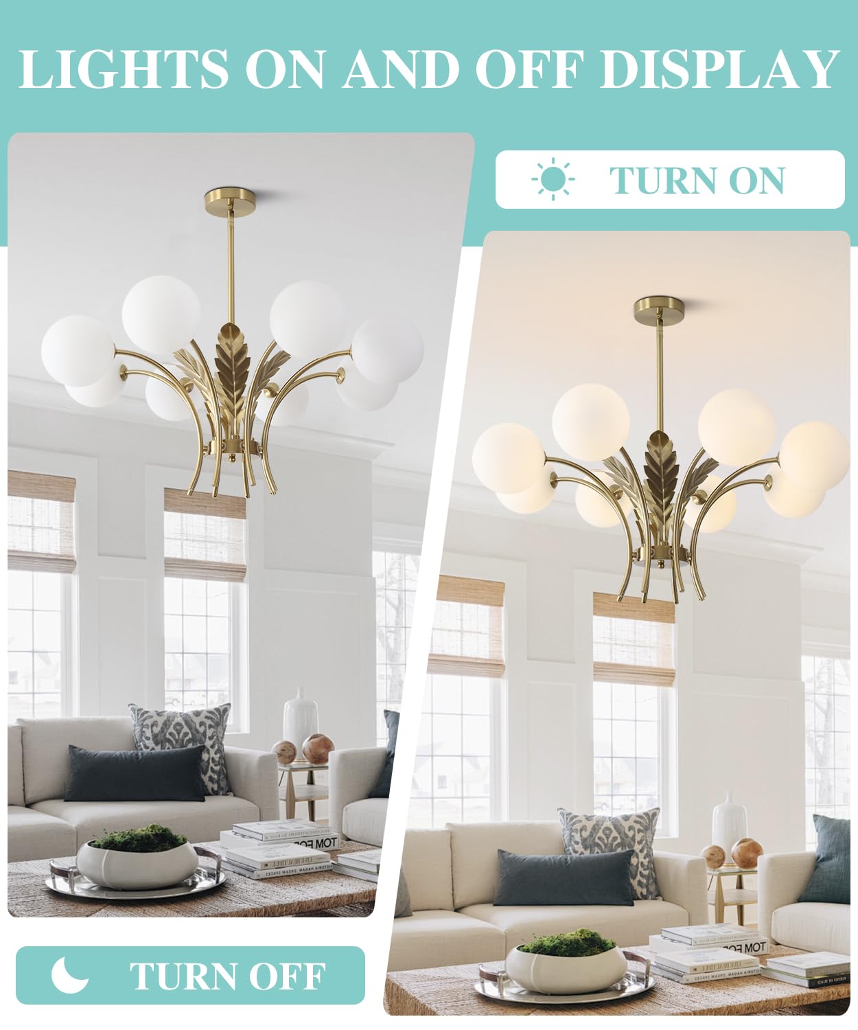 BOKT 8-Light Gold Semi Flush Mount Ceiling Light Fixture, Brass & Milk Glass, Model BP1128-W-8, Ideal for Kitchen, Bedroom, Living & Dining Room