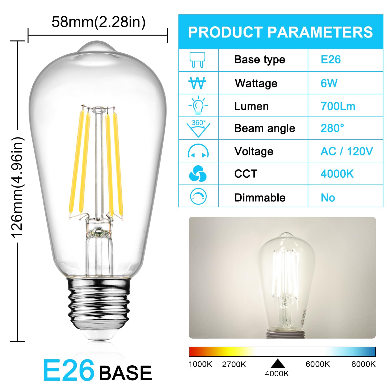 Ascher LED Edison Bulbs 6W, 700 Lumens, Daylight White 4000K, ST58 Vintage Filament, E26 Base, 4 Pack