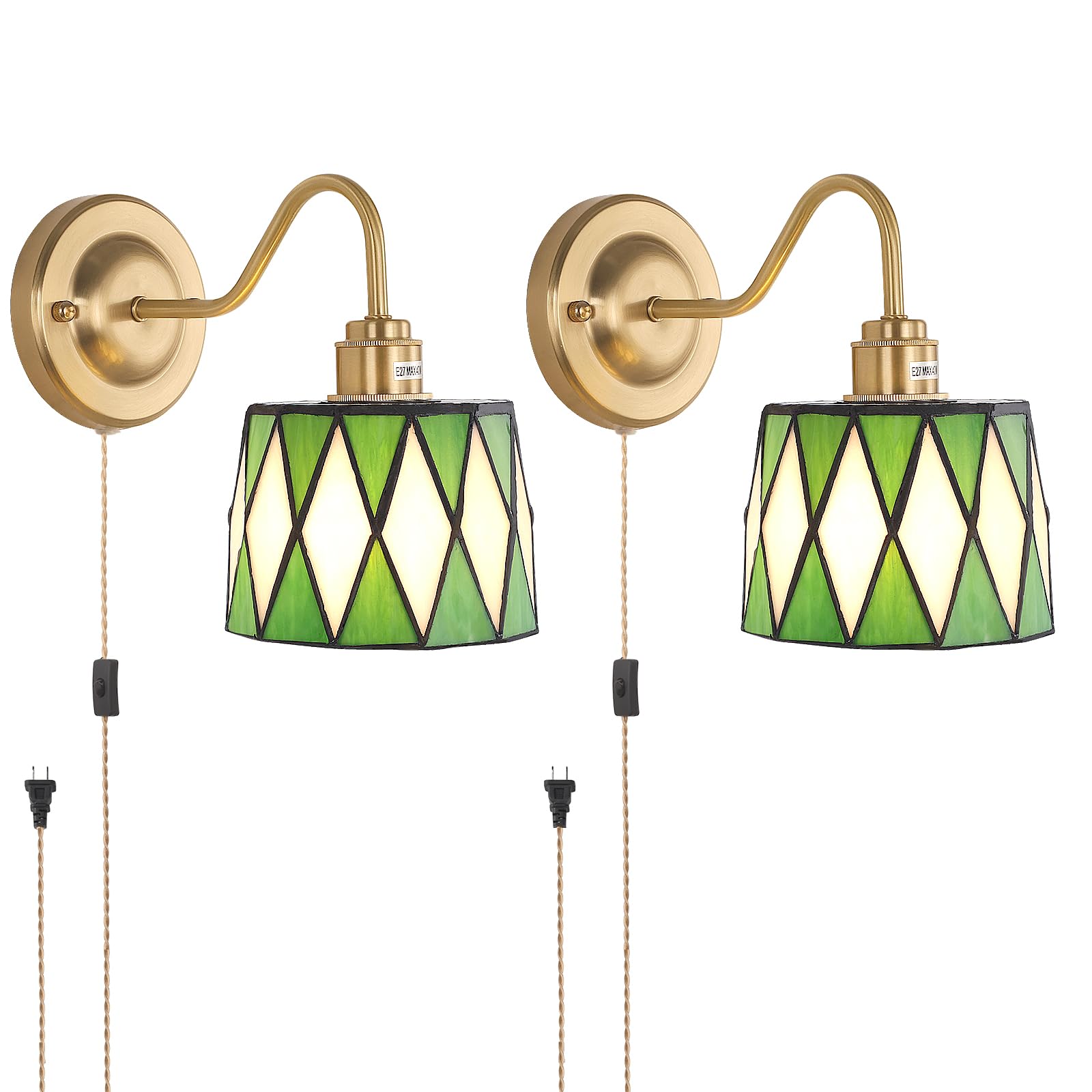 Shenmoyl Plug In Wall Sconces Set Of 2, Vintage Wall Lamps With Green Checker Sconce, Stained Glass Shade Gold Lights Fixture Decor For Bedroom Bathroom Living Room Hallway