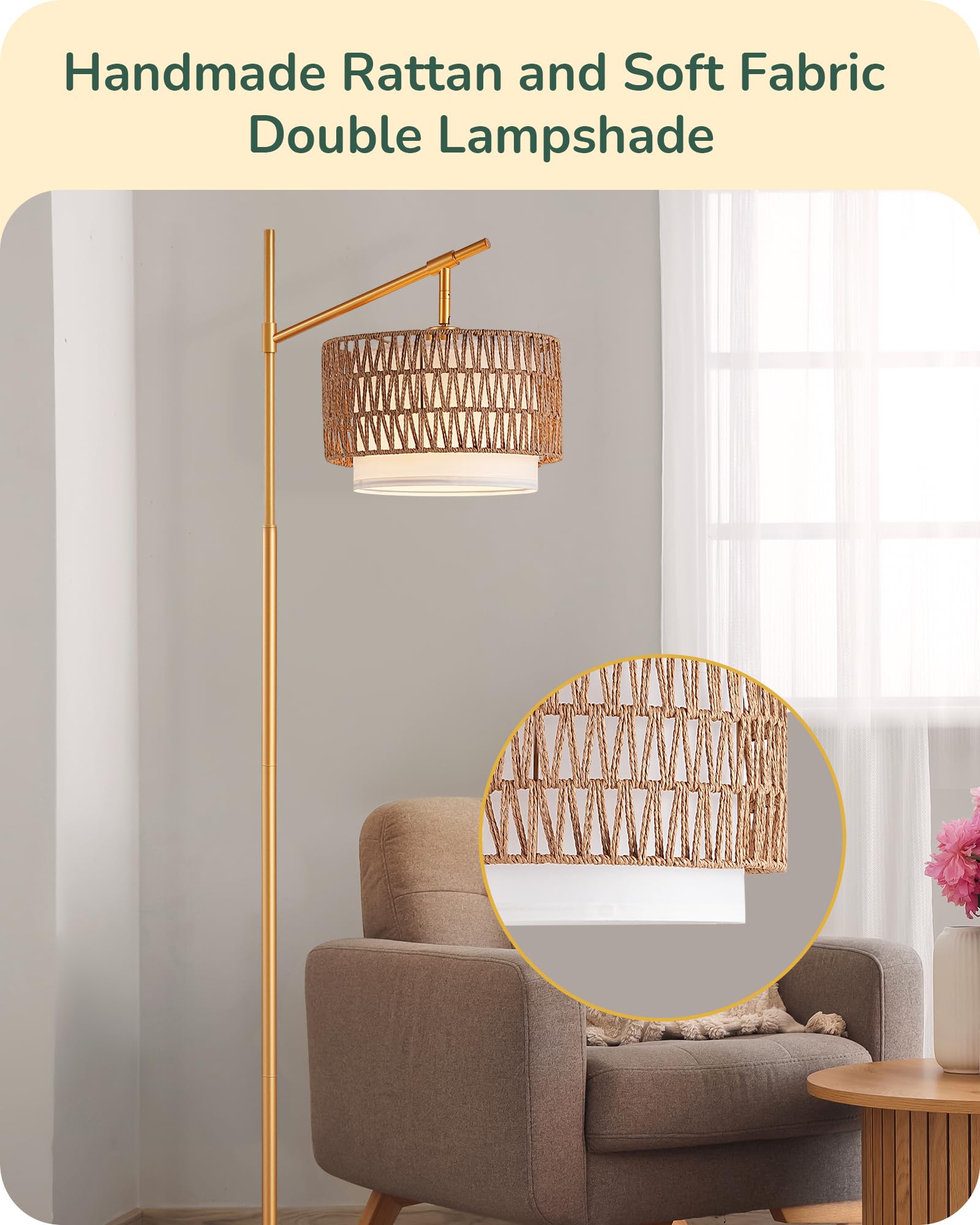 EDISHINE Rattan Arc Floor Lamp with Remote, Dimmable LED, Gold, Adjustable Wicker & Fabric Shades, Model HFLEA3A