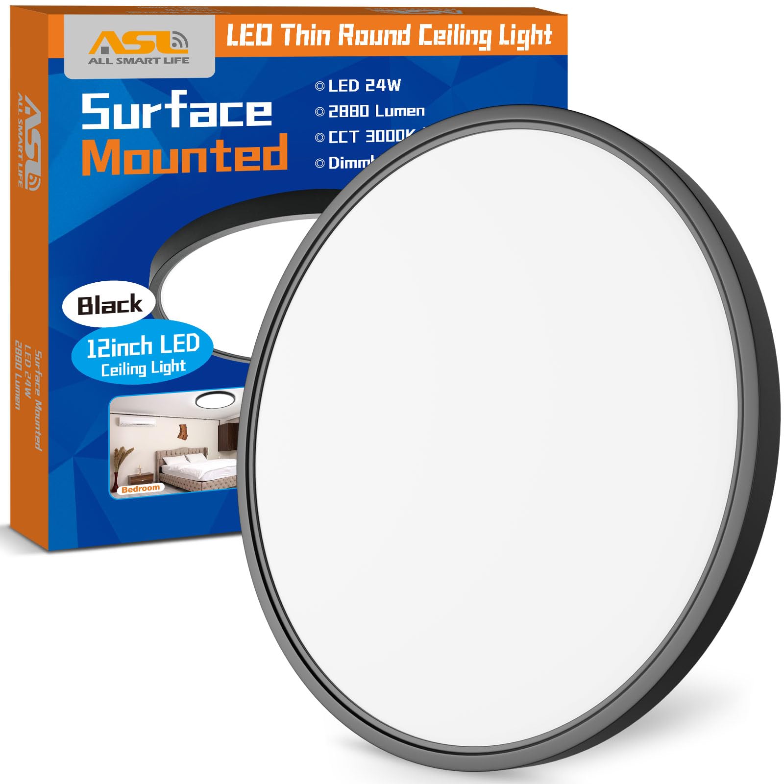 LED Flush Mount Ceiling Light Fixture, Black 1-Pack 24W 12inch 2880lm CCT 3000K/4000K/6500K Thin Round Flat Panel Light Surface 