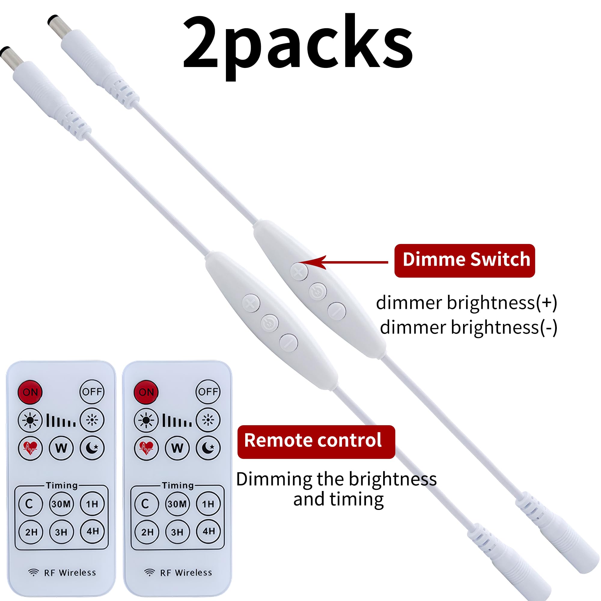 Clearhill 12V DC Dimmer Switch 2Pcs with Remote Control, 6-Speed Dimming, White, Model LRSL-101, for Single Color LED Lights
