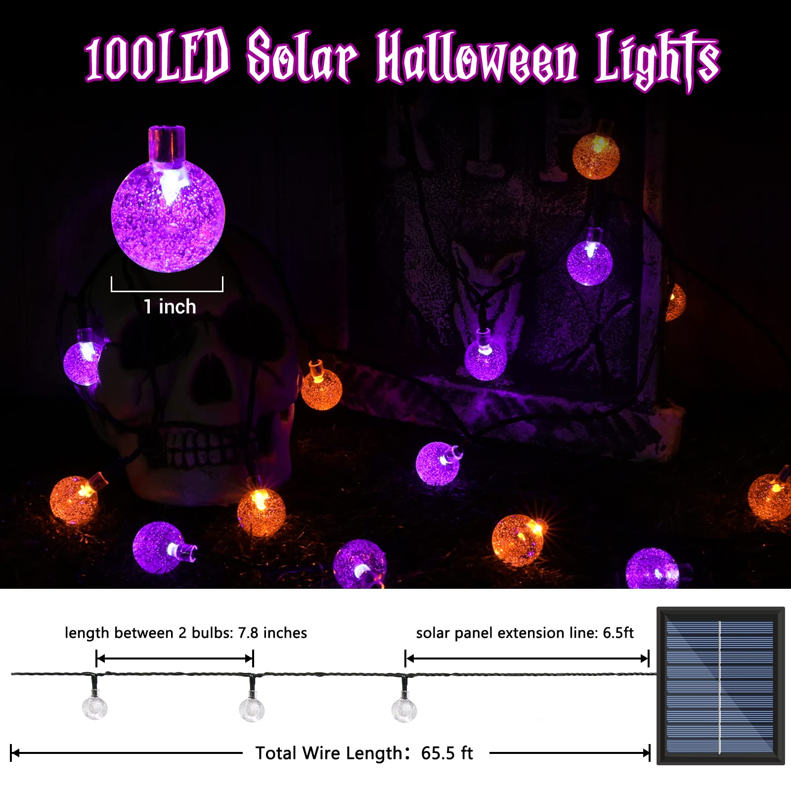 Lomotech 72FT 100 LED Solar Halloween Globe Lights, Waterproof, Orange & Purple, 8 Modes