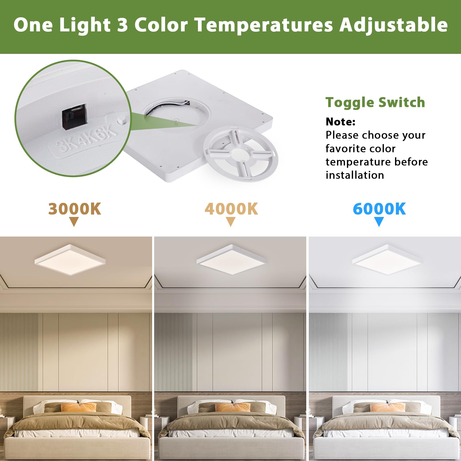 Rezant 12 Inch 24W Led Flush Mount Ceiling Light Fixtures, 3000K/4000K/6000K Adjustable Square Led Ceiling Light, 2800Lm Flat Panel Ceiling Light Fixture For Hallway, Kitchen, Bedroom (White-6 Pack)