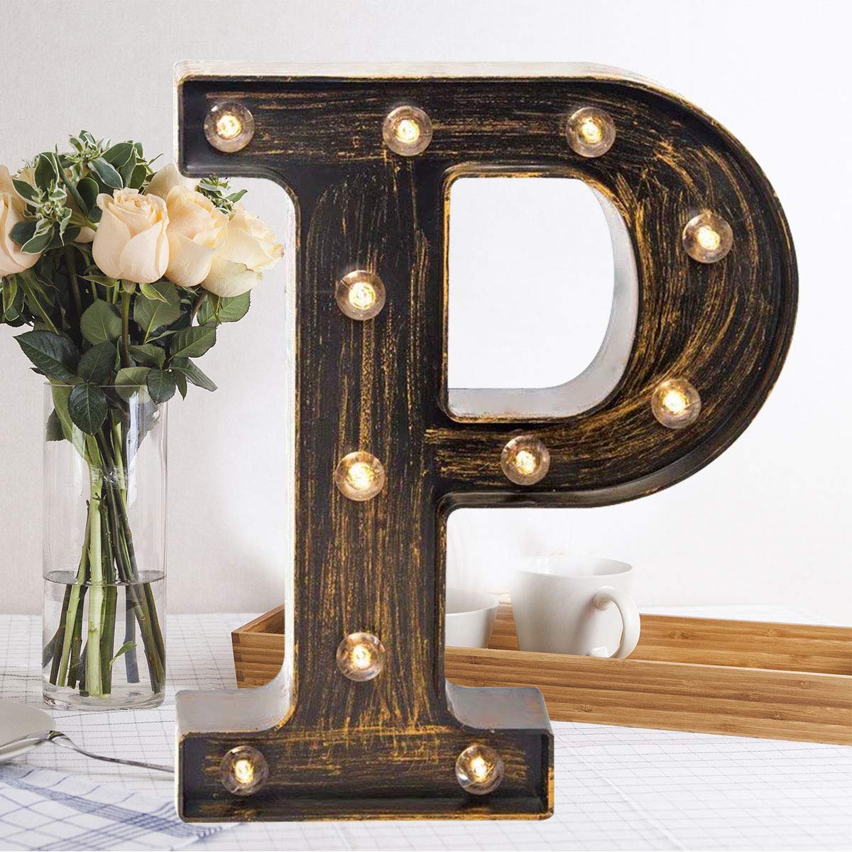 Golden Black Led Marquee Letter - Industrial, Vintage Style Light Up Alphabet Letter Sign for Cafe Wedding Birthday Party Christmas Lamp Home Bar Initials Decor - P