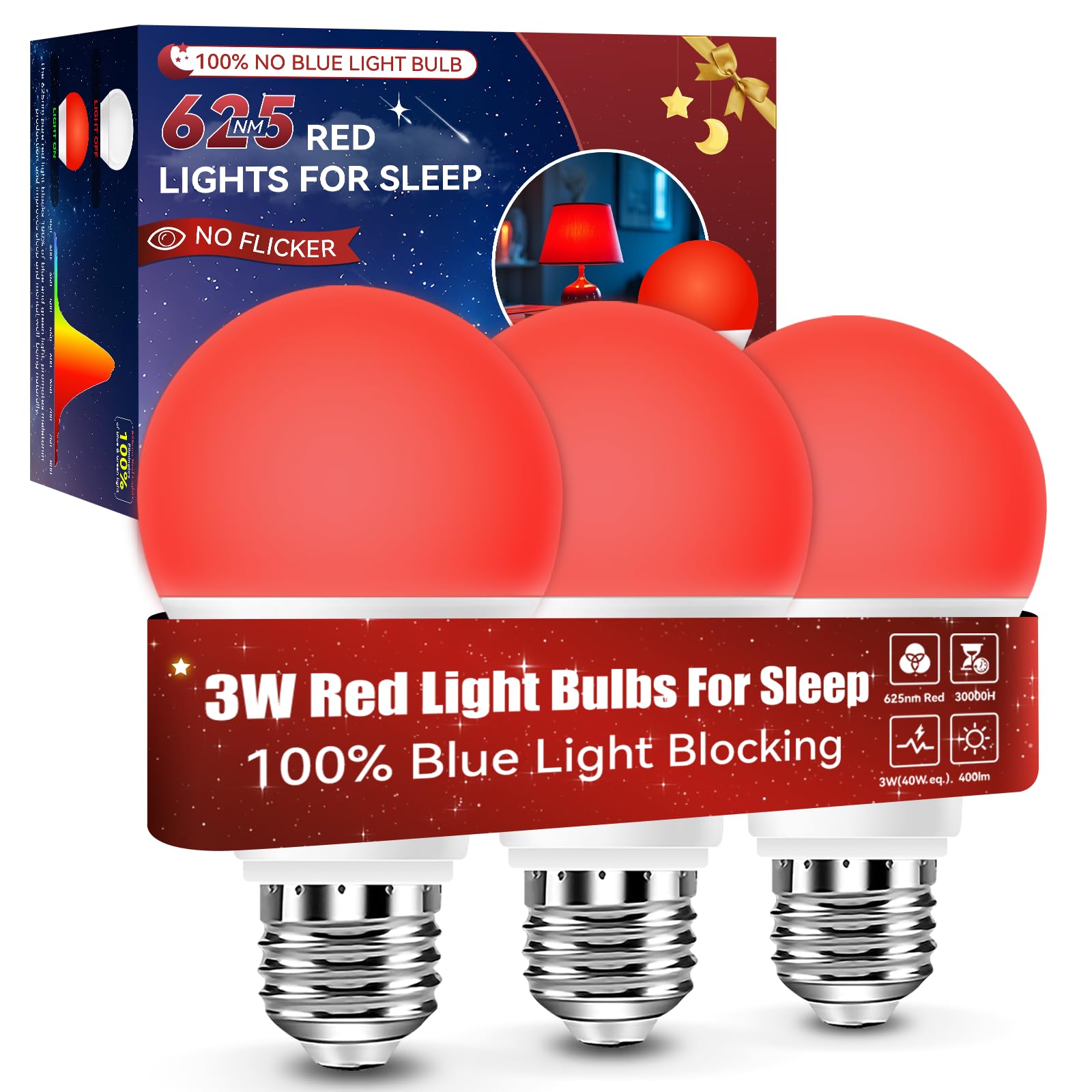 Neporal 625Nm Red Light Bulbs For Sleep 3W, 100% Blue Light Blocking Light Bulbs For Melatonin Promoting, A19 Led 40W Equivalent
